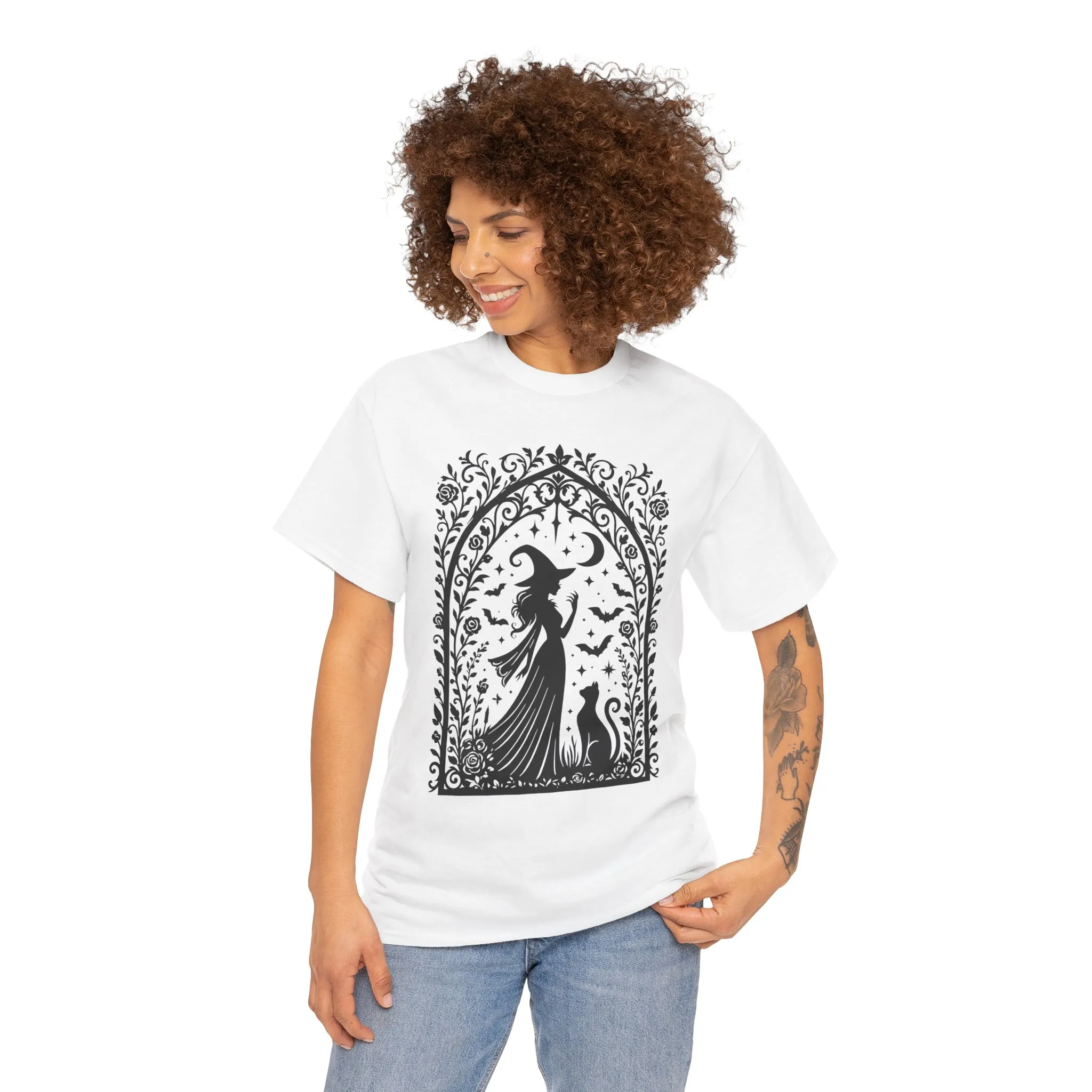 Gothic Witch & Cat Women's T-Shirt, Elegant Halloween Moon Silhouette Witchy Graphic Tee - Image 29