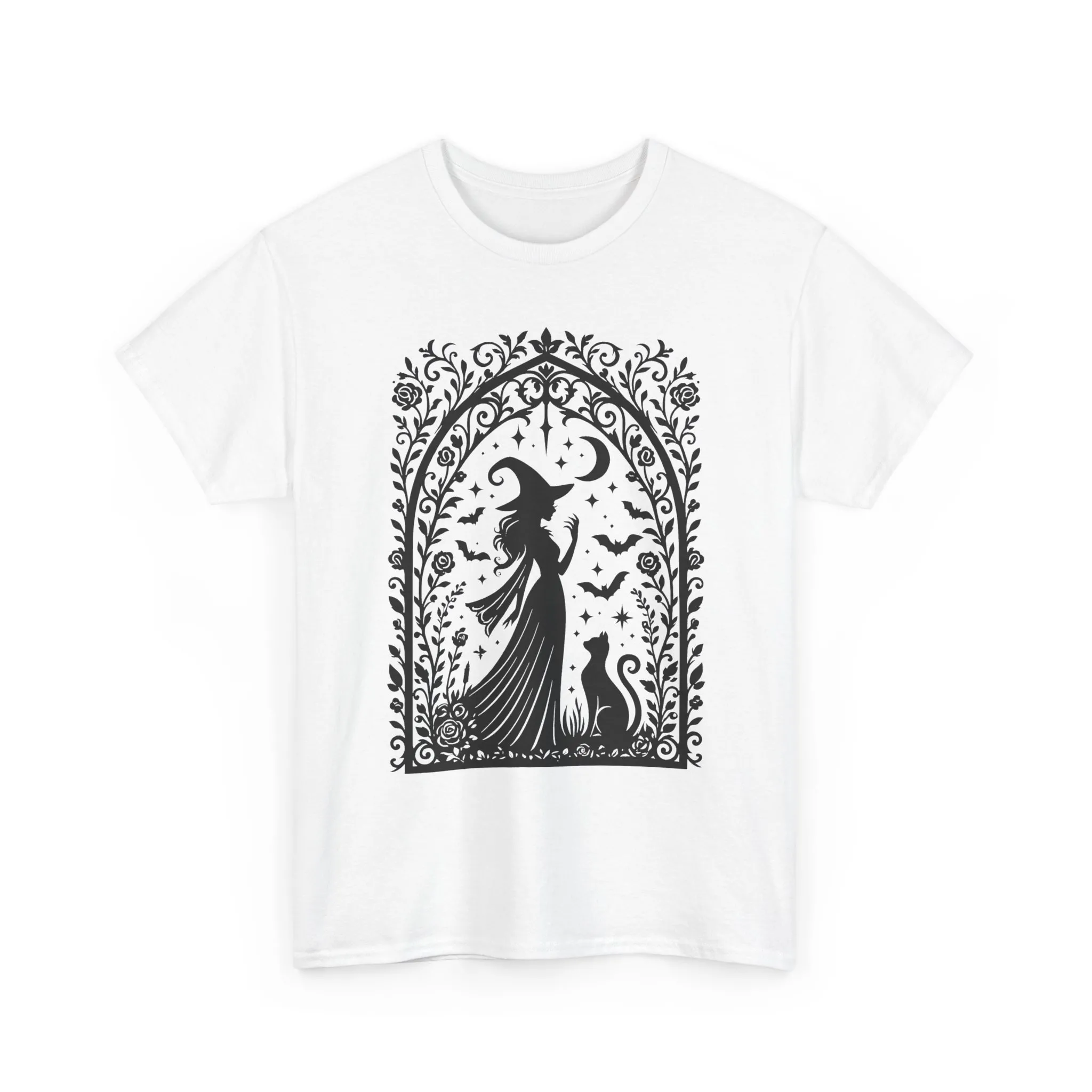 Gothic Witch & Cat Women's T-Shirt, Elegant Halloween Moon Silhouette Witchy Graphic Tee - Image 28