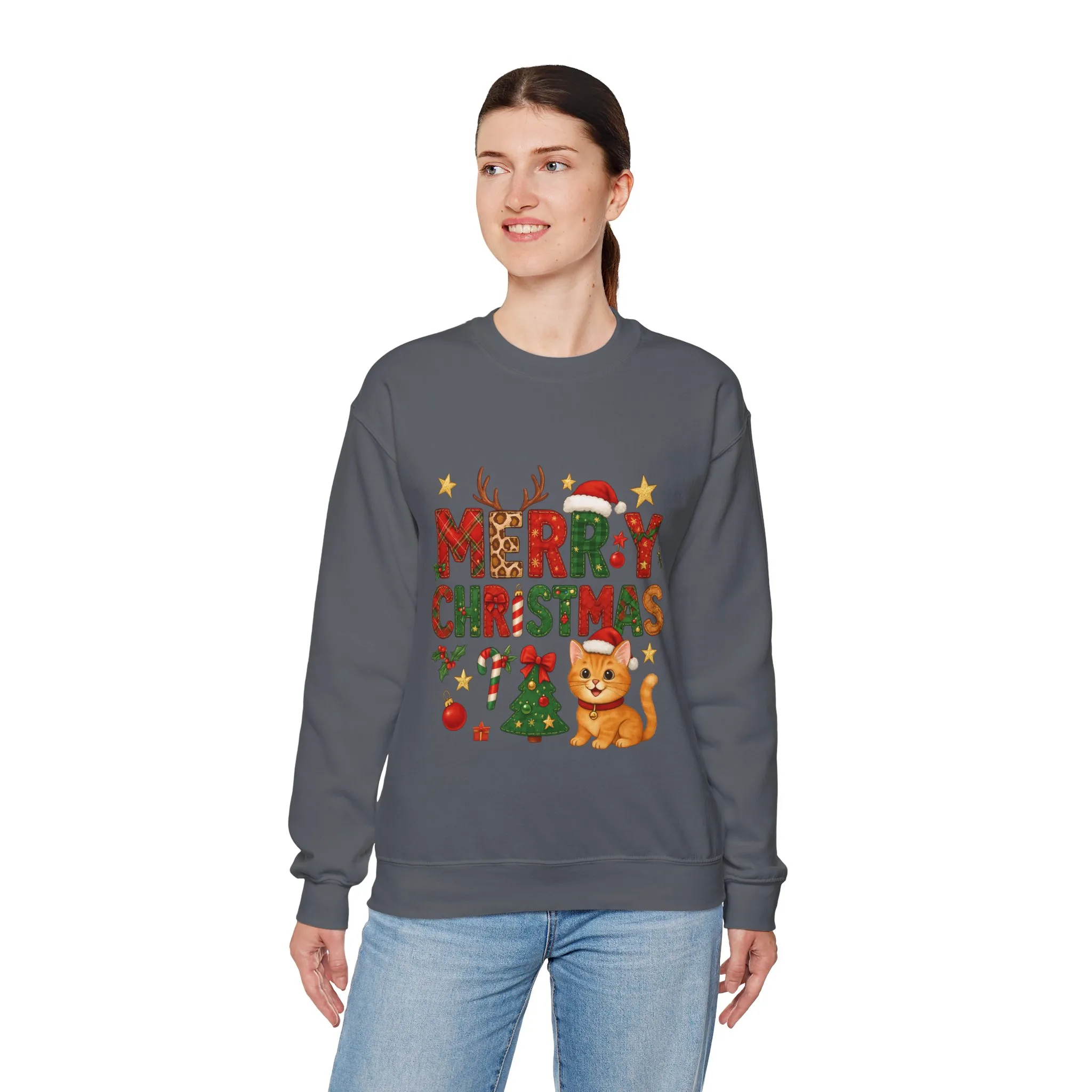 Women's Merry Christmas Cat Sweatshirt, Cozy Holiday Cat Lover Pullover, Women's Heavy Blend™ Crewneck Sweatshirt - Image 12