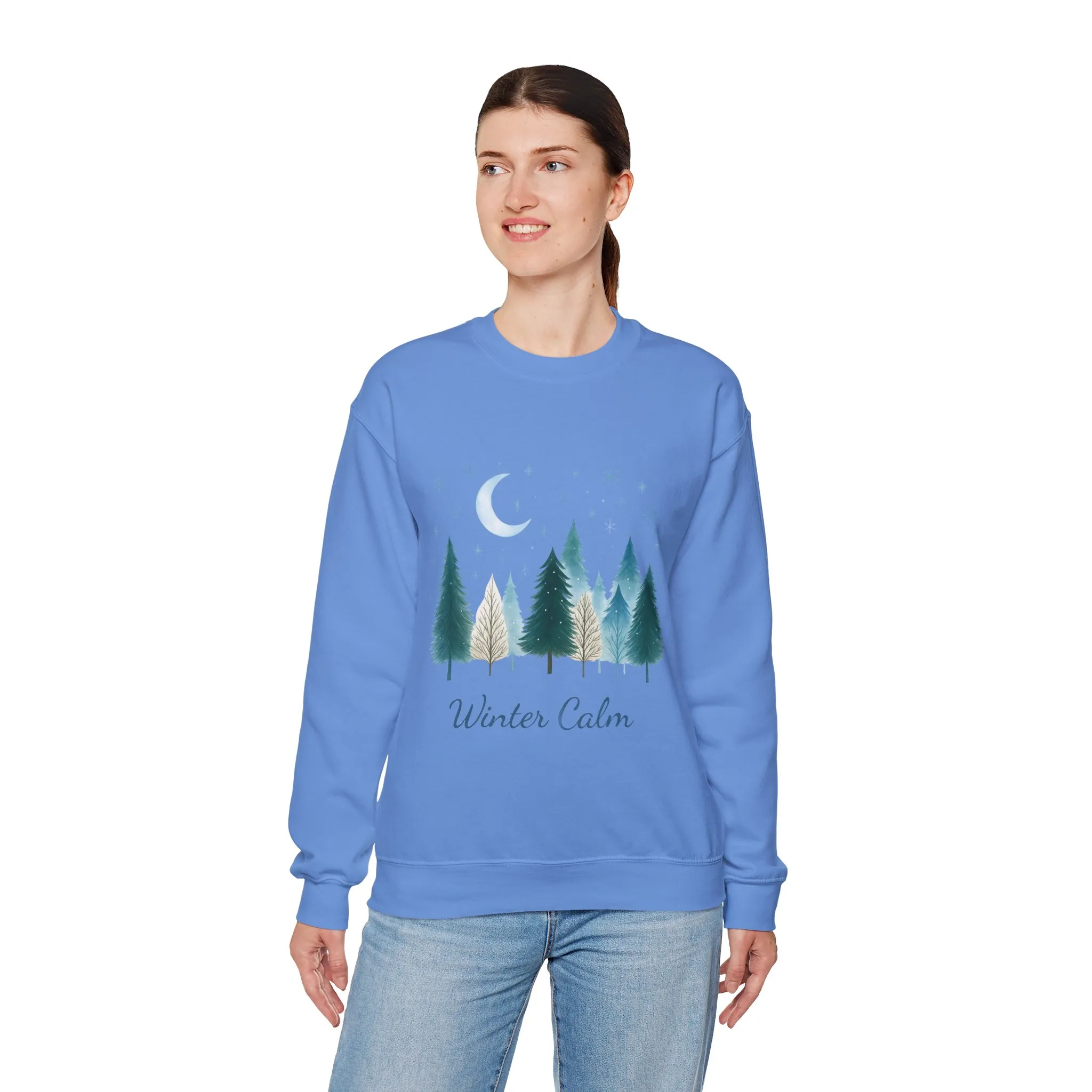Winter Calm Sweatshirt, Minimalist Christmas Forest Pullover, Serene Winter Moon Scene Sweater for Women - Image 15
