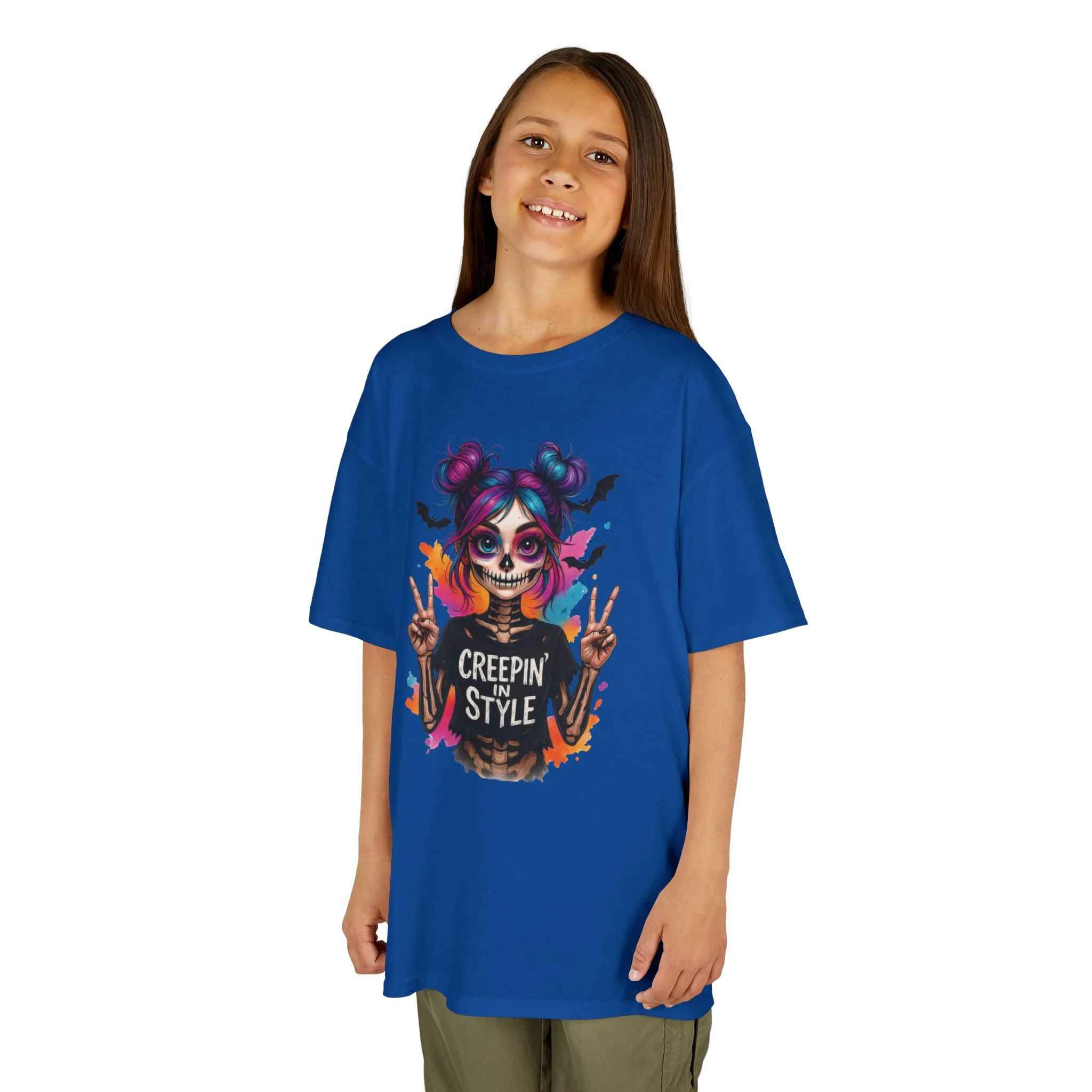 Creepin' in Style Kids Halloween T-Shirt, Colorful Skeleton Girl Design, Cute Spooky Shirt for Trendy Girls - Image 10