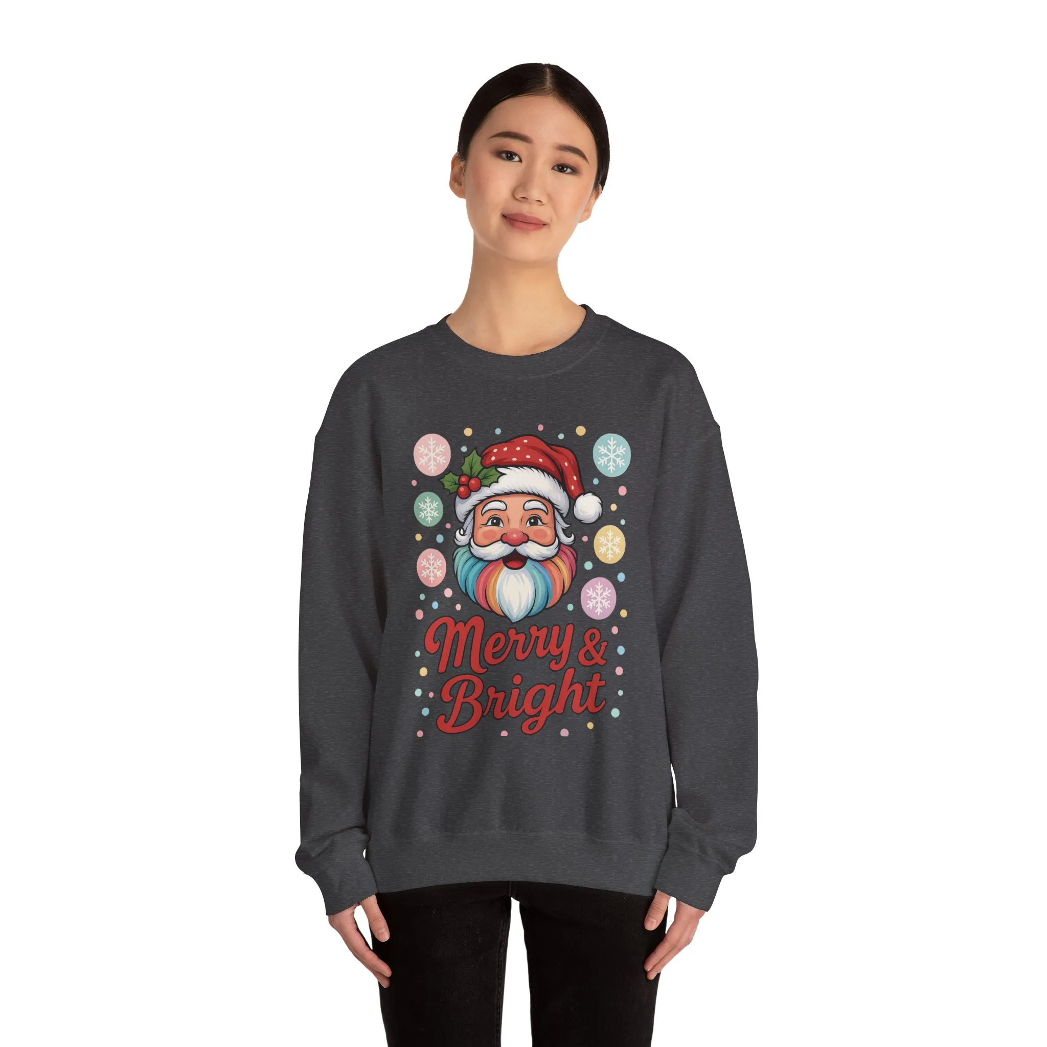 Merry - Bright Santa Christmas Sweatshirt, Retro Pastel Holiday Jumper, Cute Santa Sweater for Women - Image 11