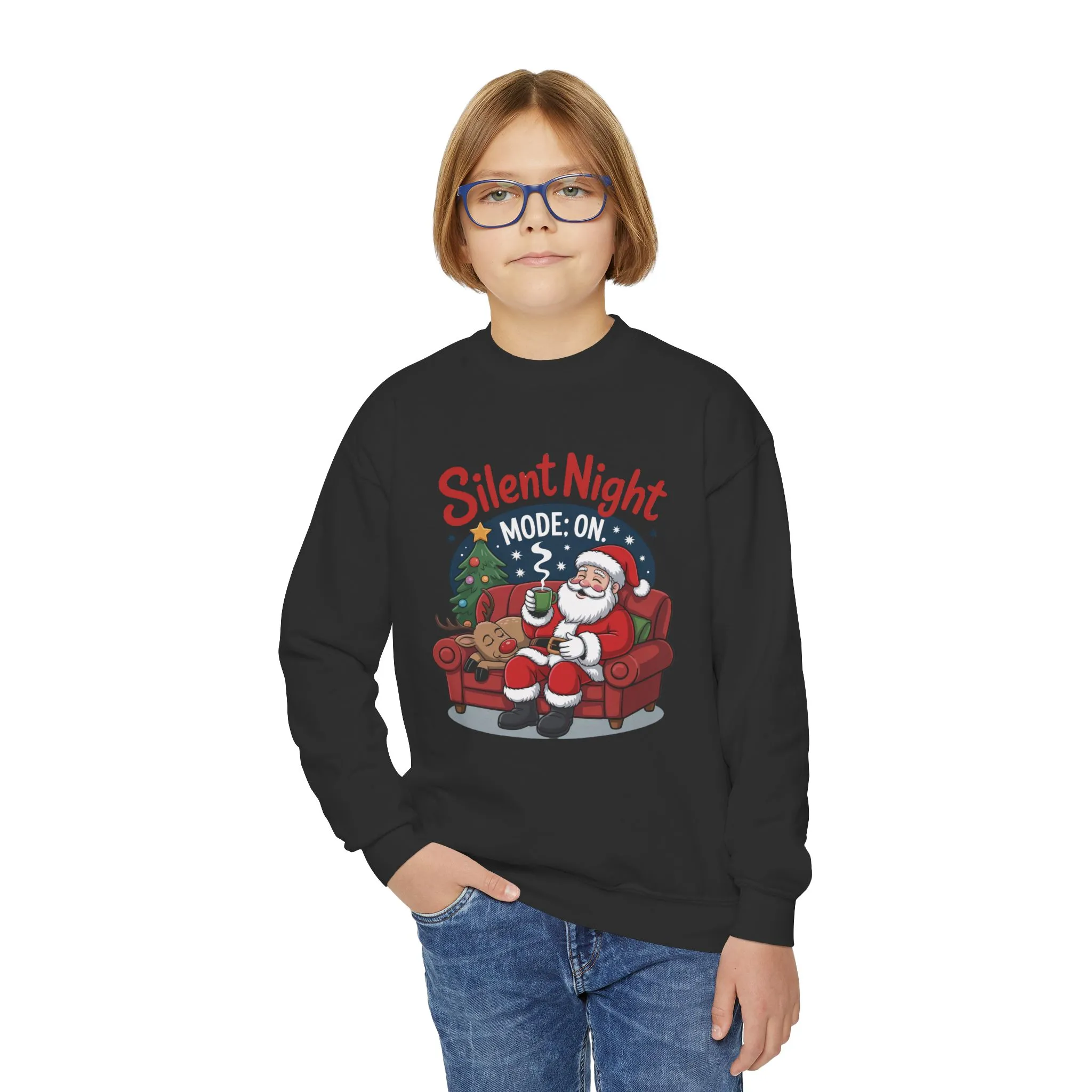 Kids Silent Night Mode On Christmas Sweatshirt, Cute Santa - Reindeer Holiday Jumper, Funny Cozy Christmas Sweater for Youth - Image 8