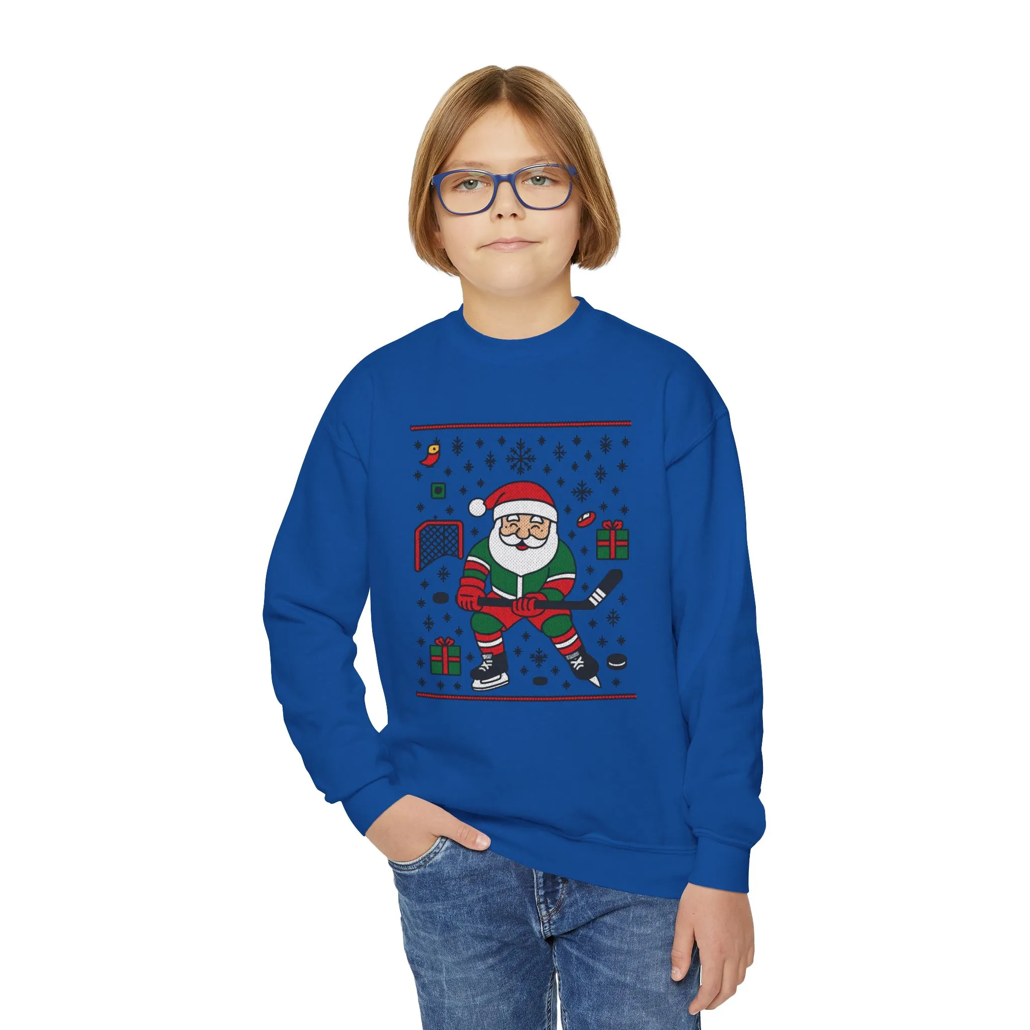 Hockey Santa Youth Christmas Sweatshirt, Funny Sports Holiday Jumper for Boys - Image 8