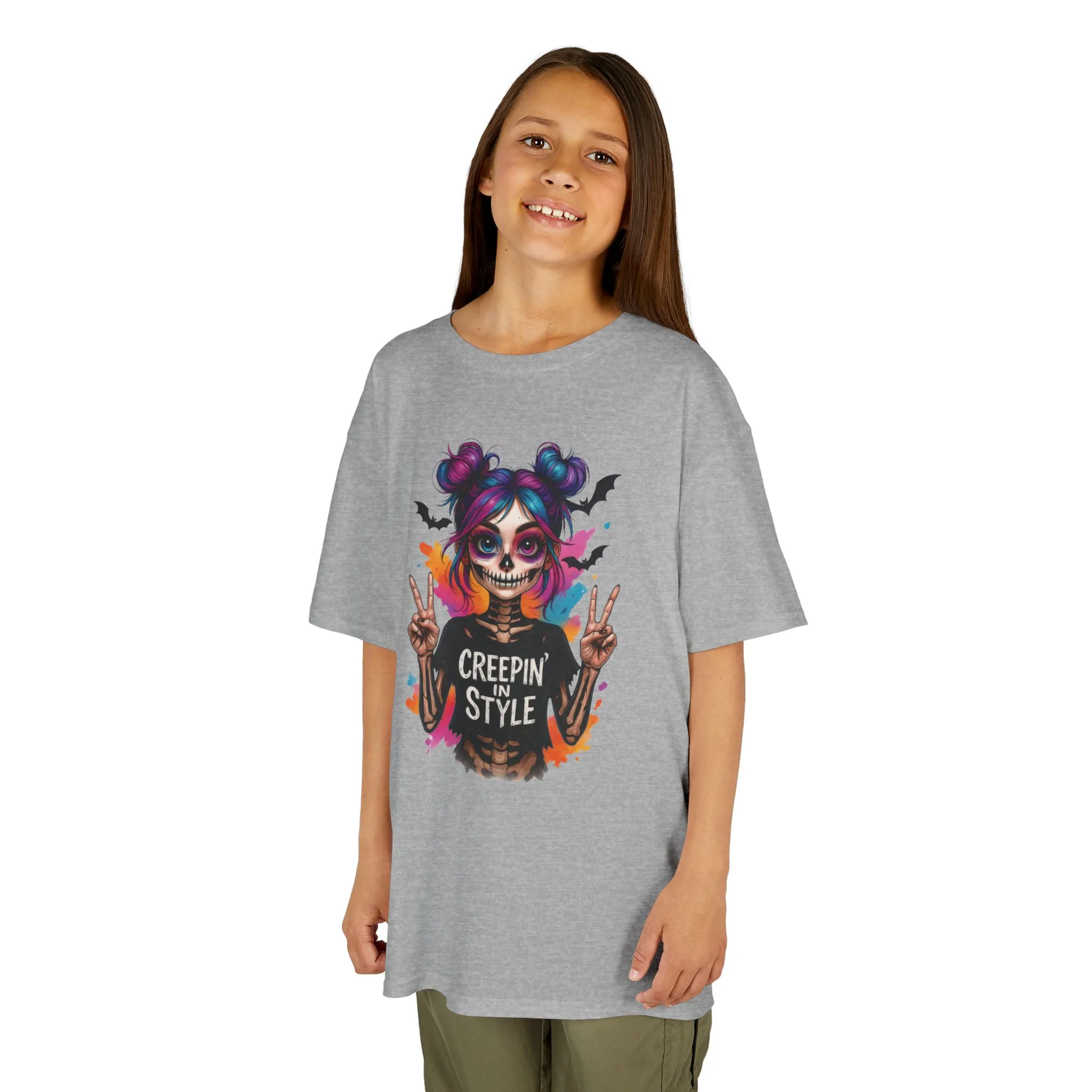 Creepin' in Style Kids Halloween T-Shirt, Colorful Skeleton Girl Design, Cute Spooky Shirt for Trendy Girls - Image 6