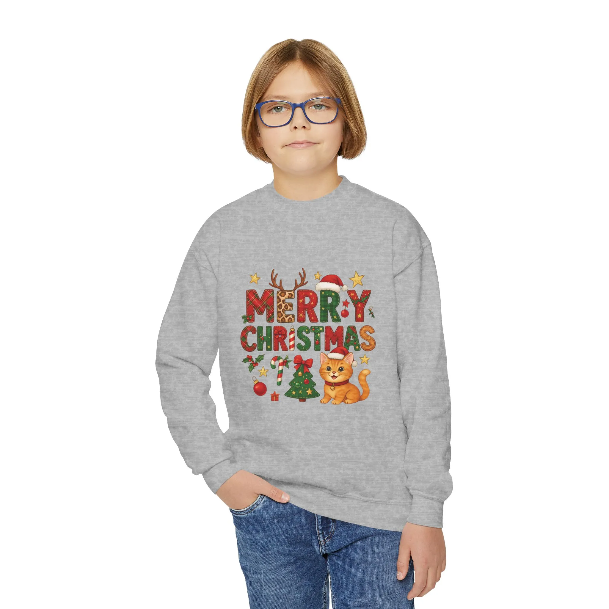 Merry Christmas Cat Sweatshirt for Girls, Cozy Holiday Kitten Jumper, Youth Crewneck Sweatshirt - Image 9