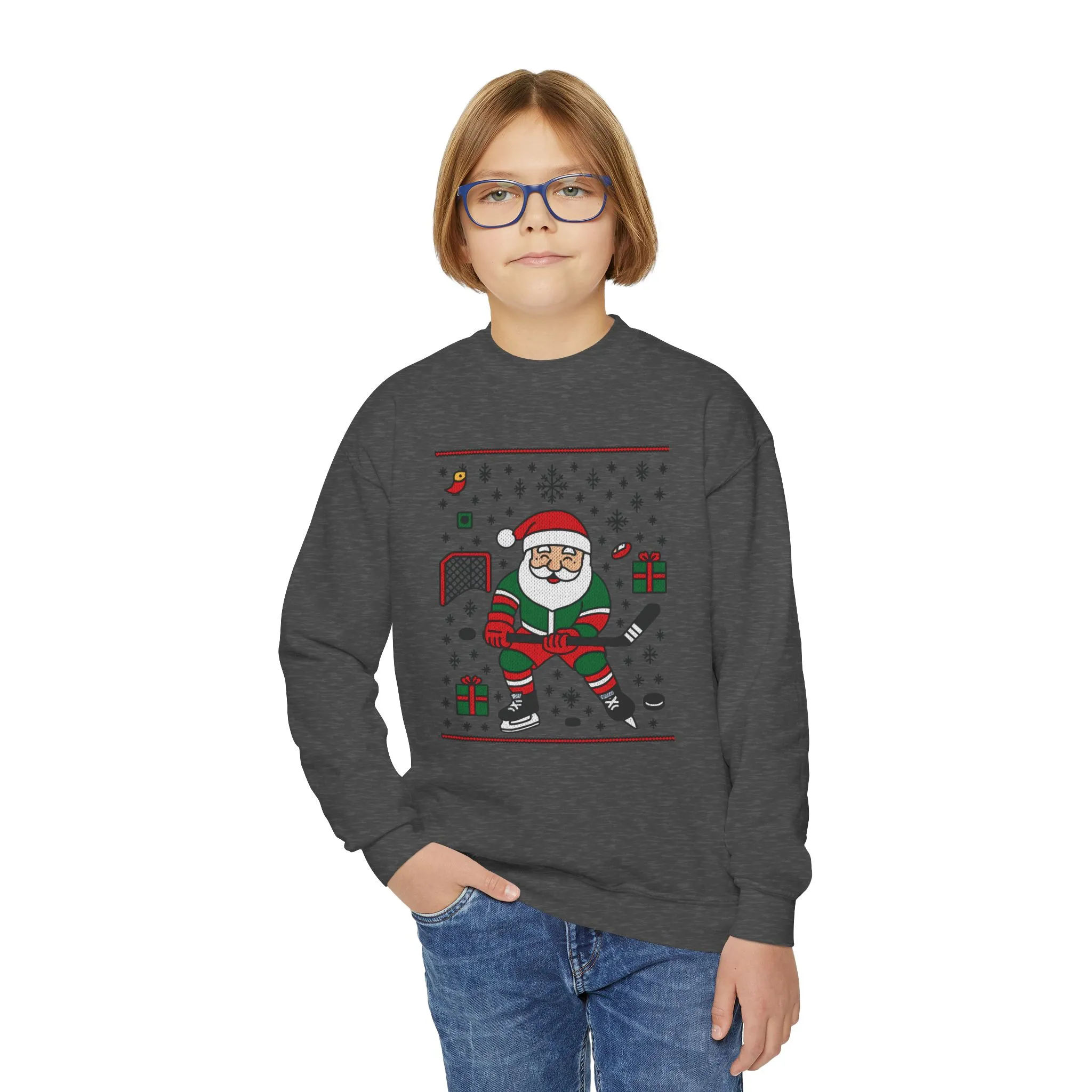 Hockey Santa Youth Christmas Sweatshirt, Funny Sports Holiday Jumper for Boys - Image 6