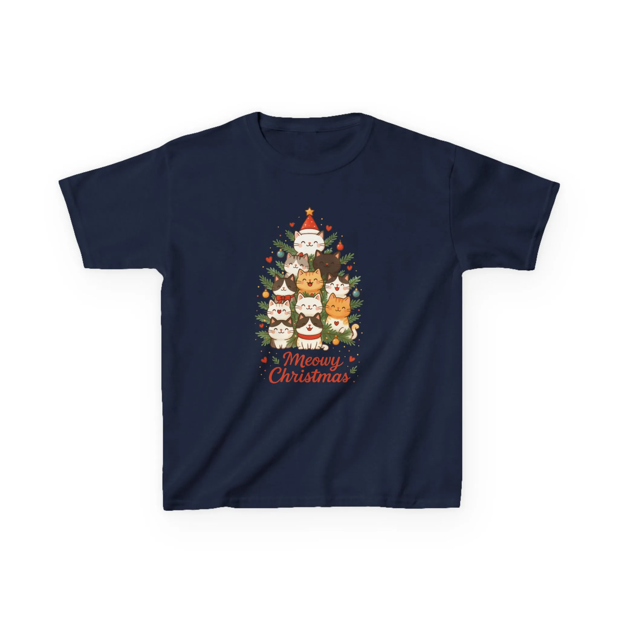 Youth Meowy Christmas Cat T-Shirt, Cute Kids Holiday Kitty Tee - Image 2