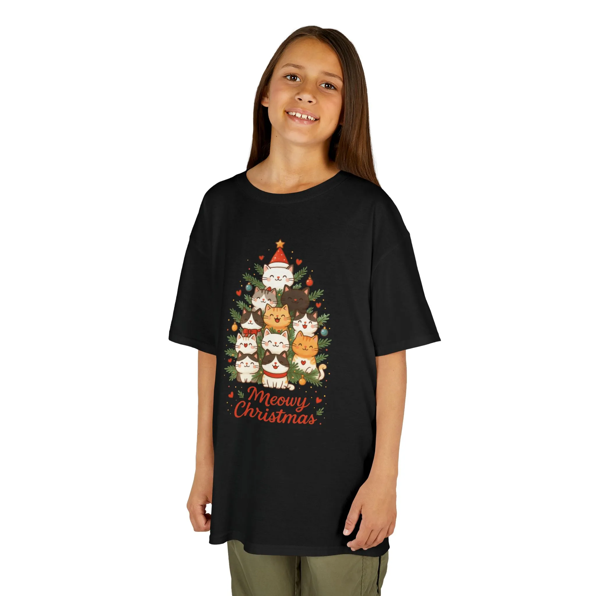 Youth Meowy Christmas Cat T-Shirt, Cute Kids Holiday Kitty Tee - Image 6