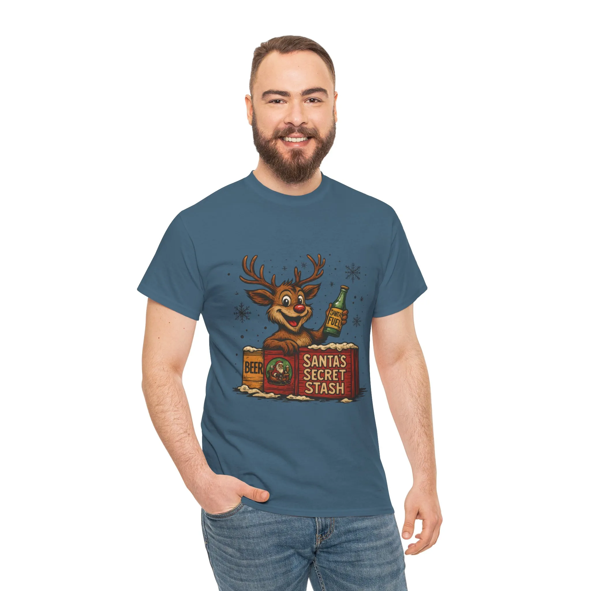 Men's Funny Christmas T-Shirt, Santa's Secret Stash Reindeer Tee - Image 14