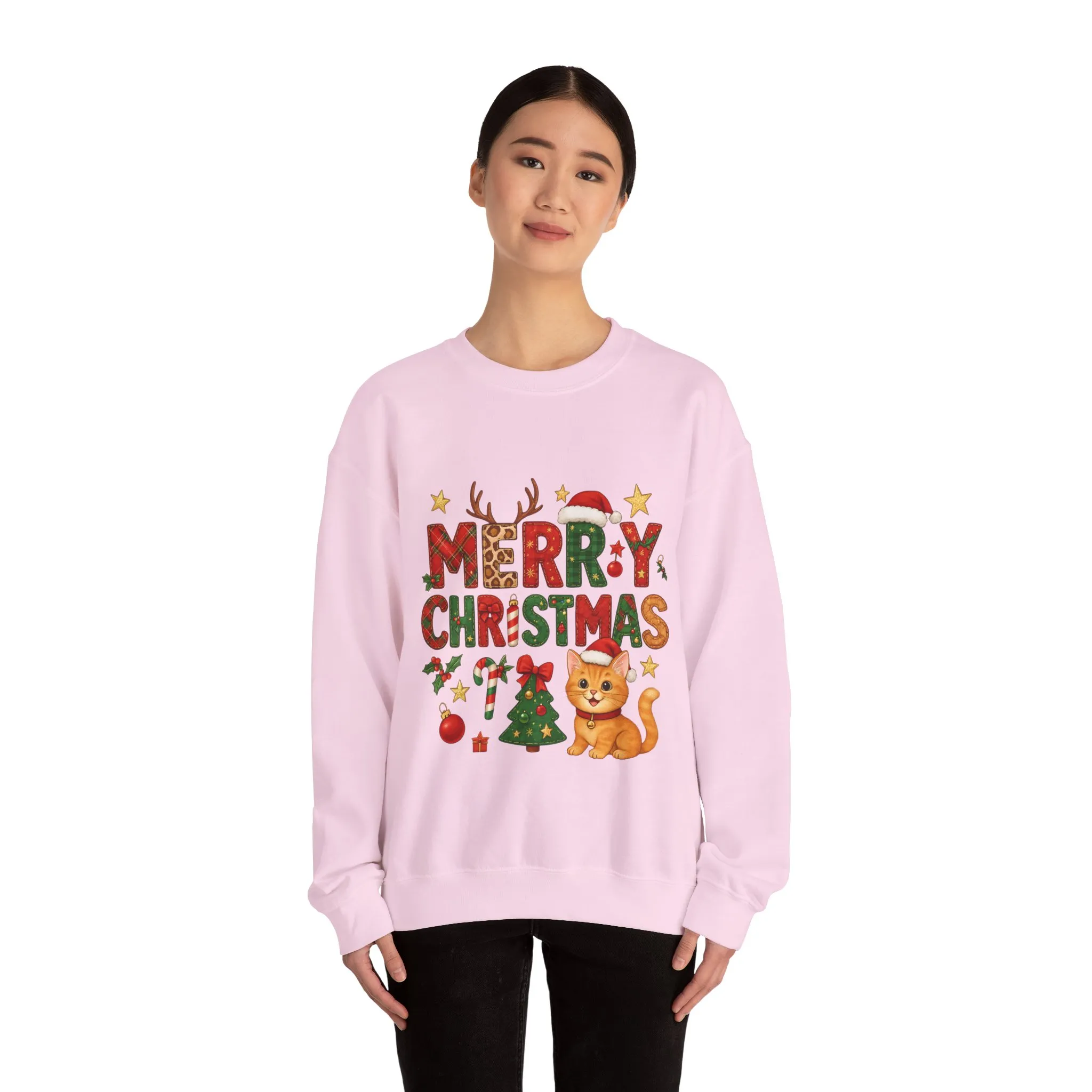 Women's Merry Christmas Cat Sweatshirt, Cozy Holiday Cat Lover Pullover, Women's Heavy Blend™ Crewneck Sweatshirt - Image 20