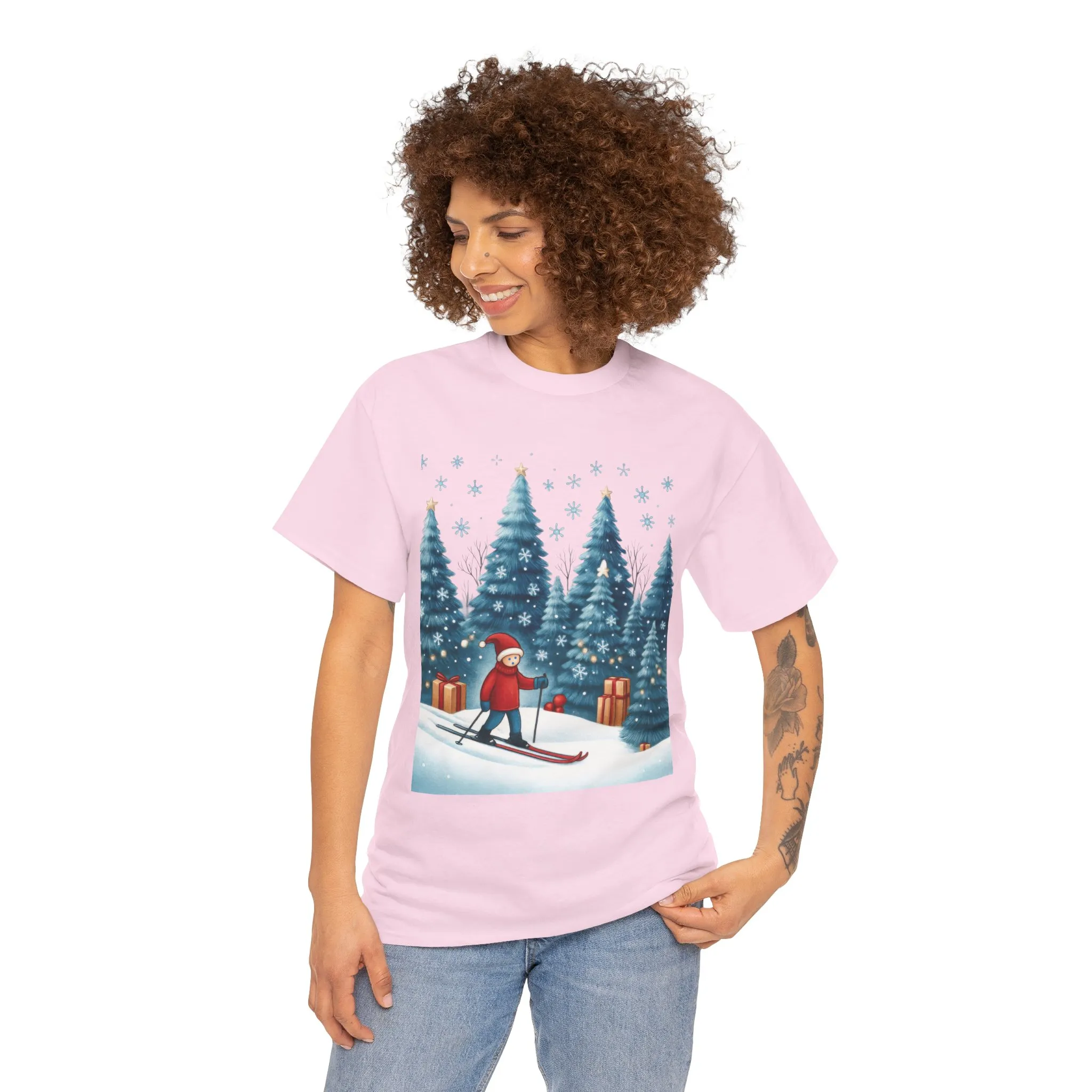 Womens Cute Winter Holiday Graphic Tee, Christmas Skiing T-Shirt, Women's Heavy Cotton Tee - Image 23