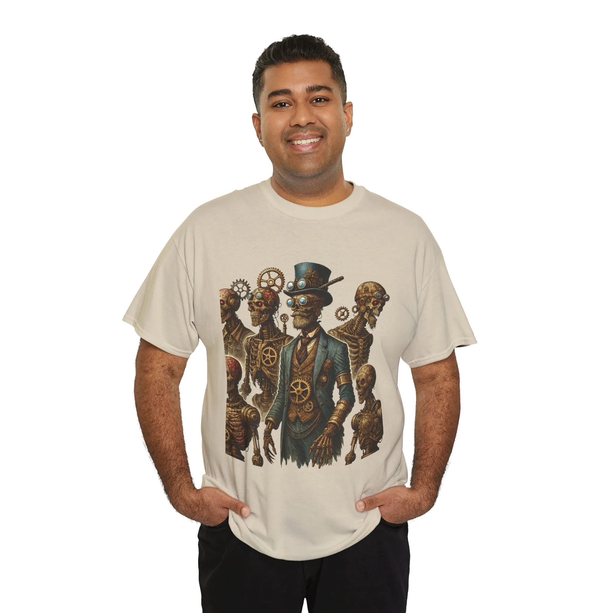 Steampunk Skeleton Gentleman T-Shirt, Vintage Mechanical Robot Skull Design, Gothic Industrial Cyberpunk Tee for Men - Image 3