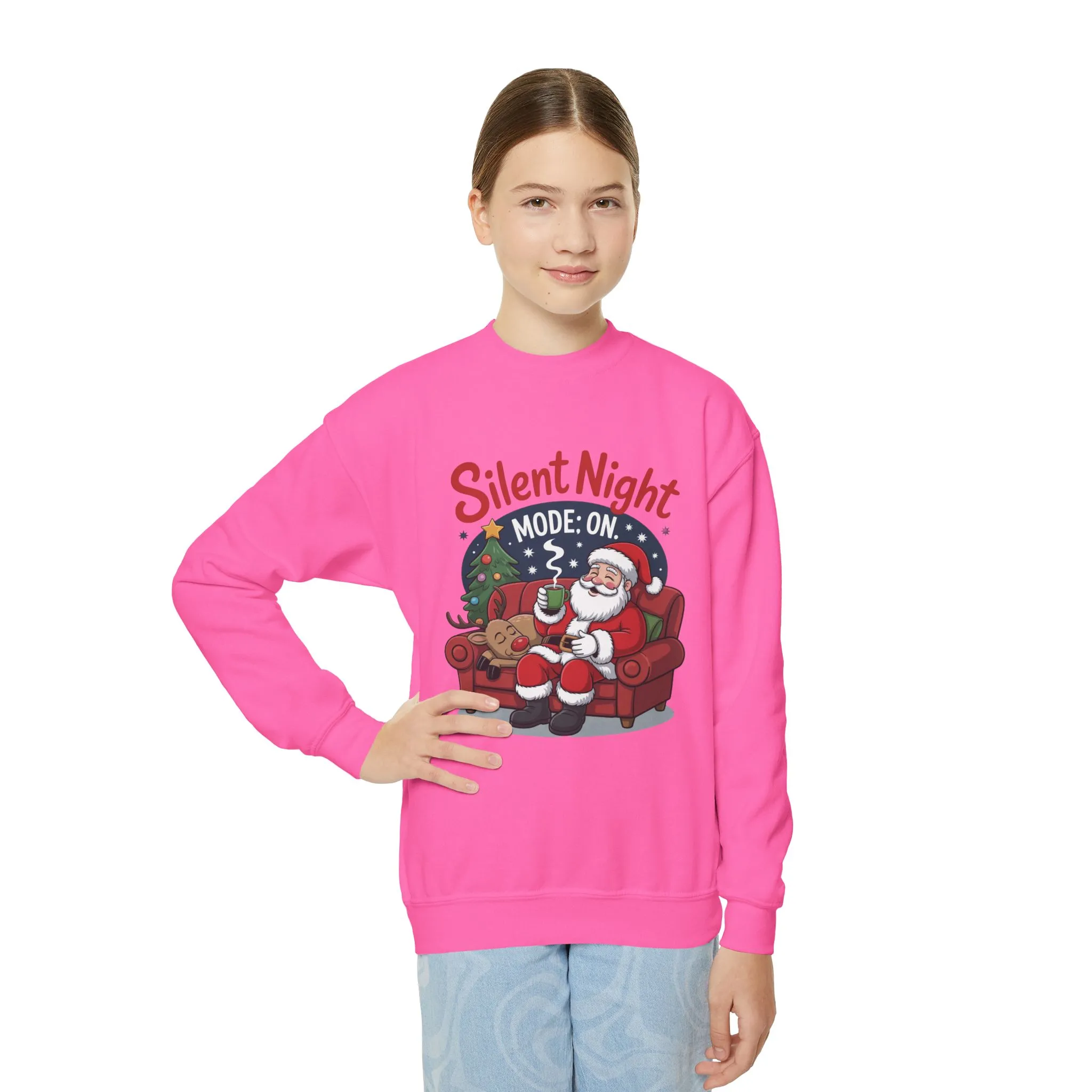 Kids Silent Night Mode On Christmas Sweatshirt, Cute Santa - Reindeer Holiday Jumper, Funny Cozy Christmas Sweater for Youth - Image 24