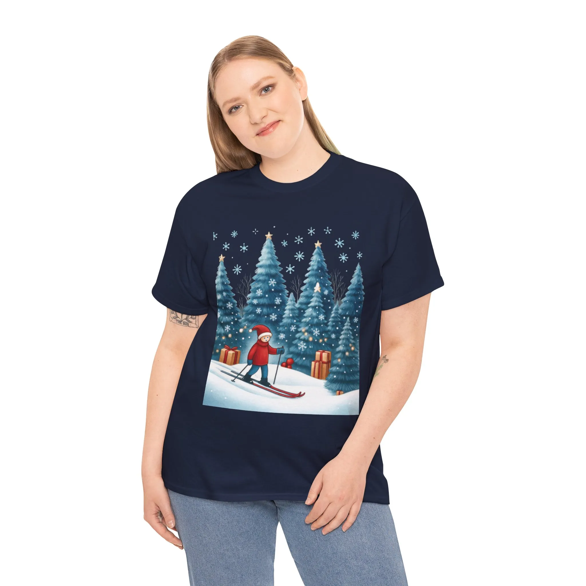 Womens Cute Winter Holiday Graphic Tee, Christmas Skiing T-Shirt, Women's Heavy Cotton Tee - Image 15