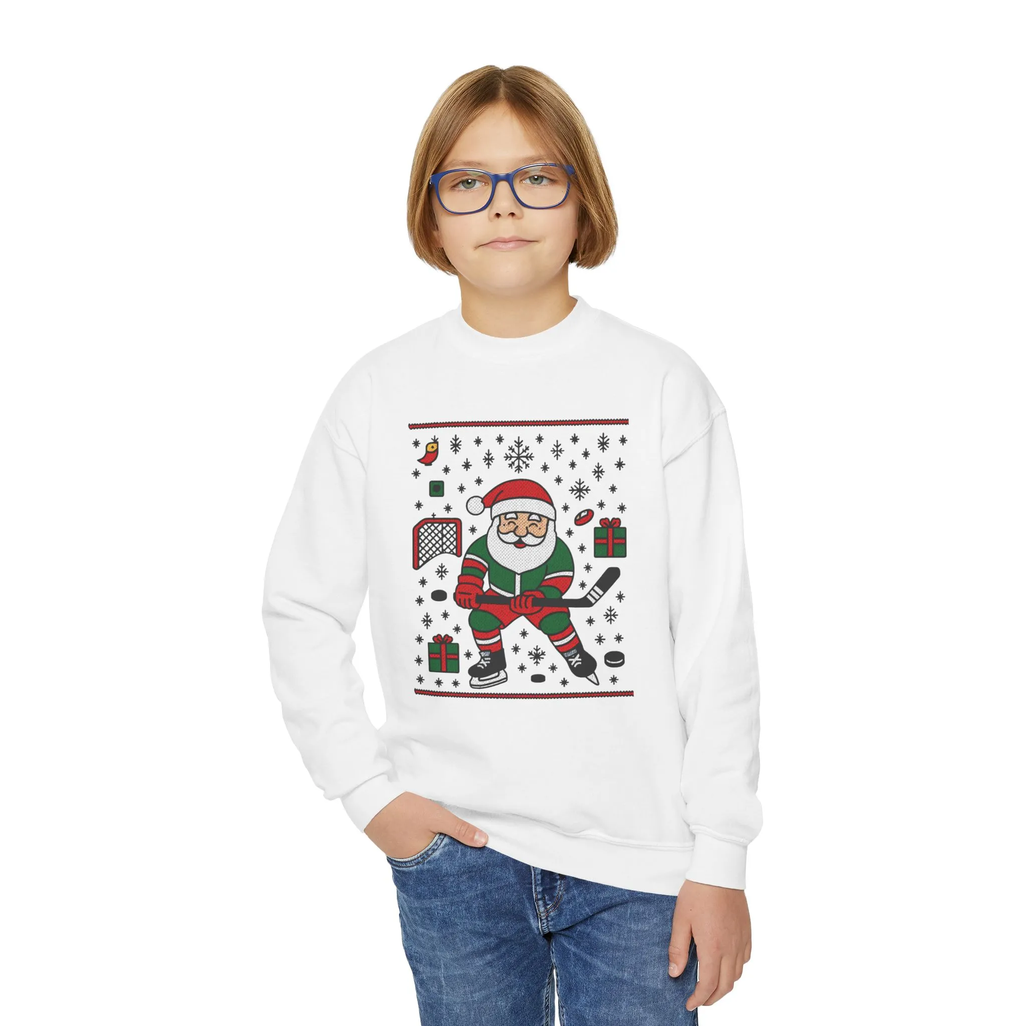 Hockey Santa Youth Christmas Sweatshirt, Funny Sports Holiday Jumper for Boys - Image 4