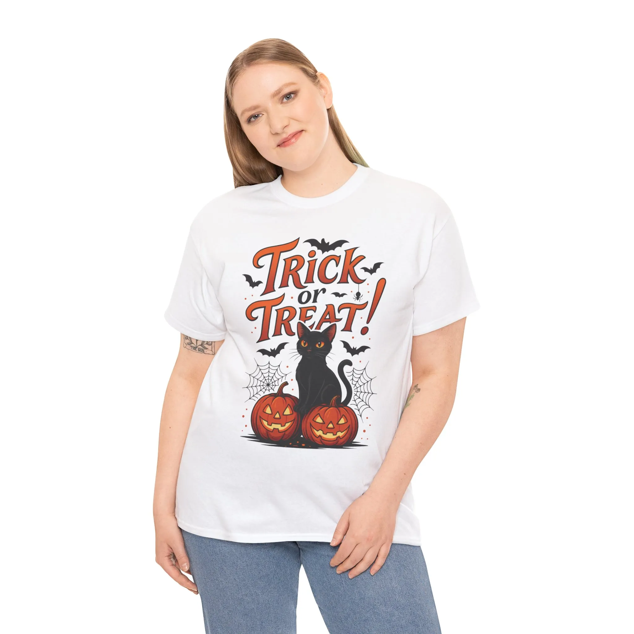 Trick or Treat Black Cat Halloween T-Shirt for Women, Spooky Cute Pumpkin Cat Tee, Fall Halloween Outfit Gift, Vintage Witchy Top - Image 6