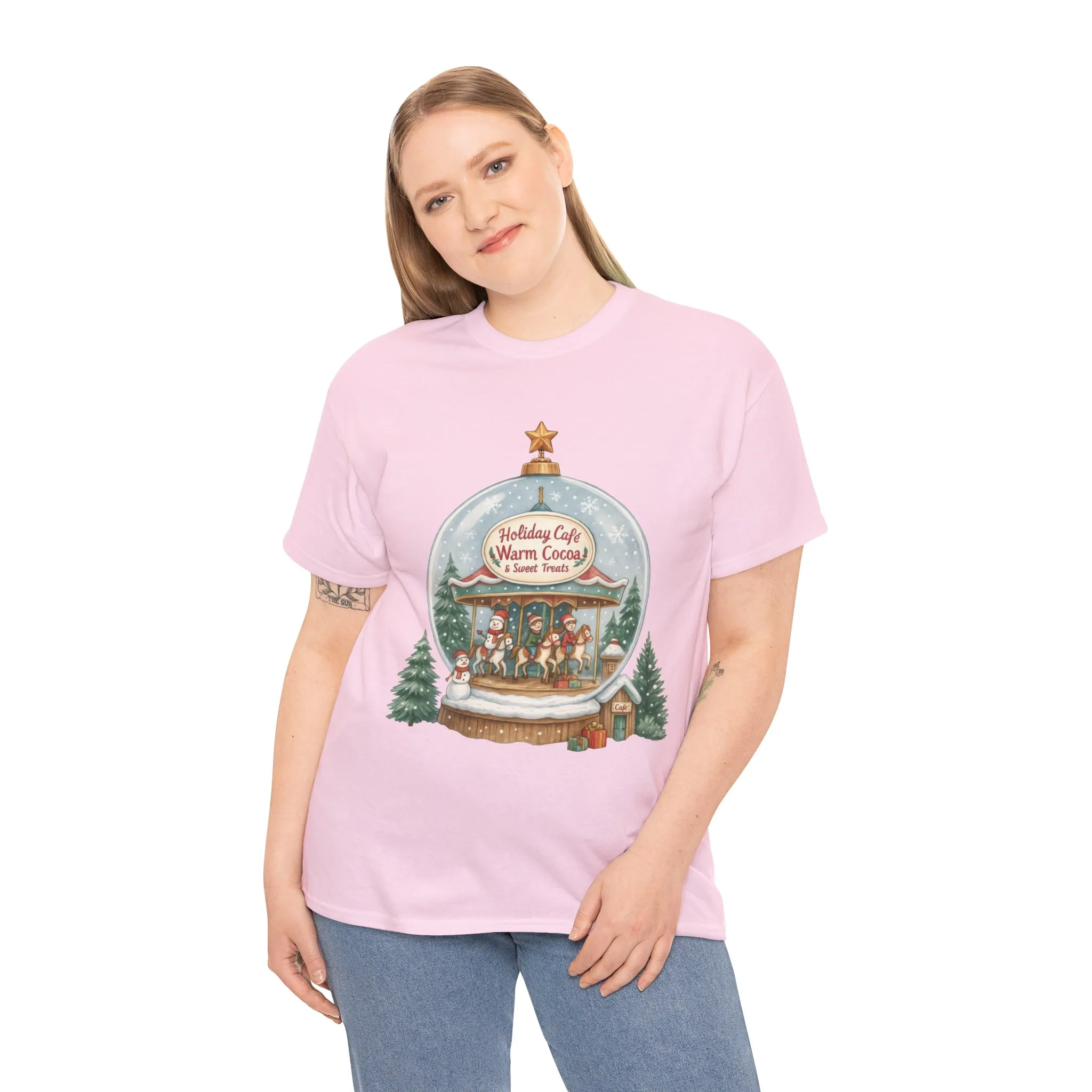 Holiday Café Christmas T-Shirt for Women, Warm Cocoa Carousel Tee - Image 3