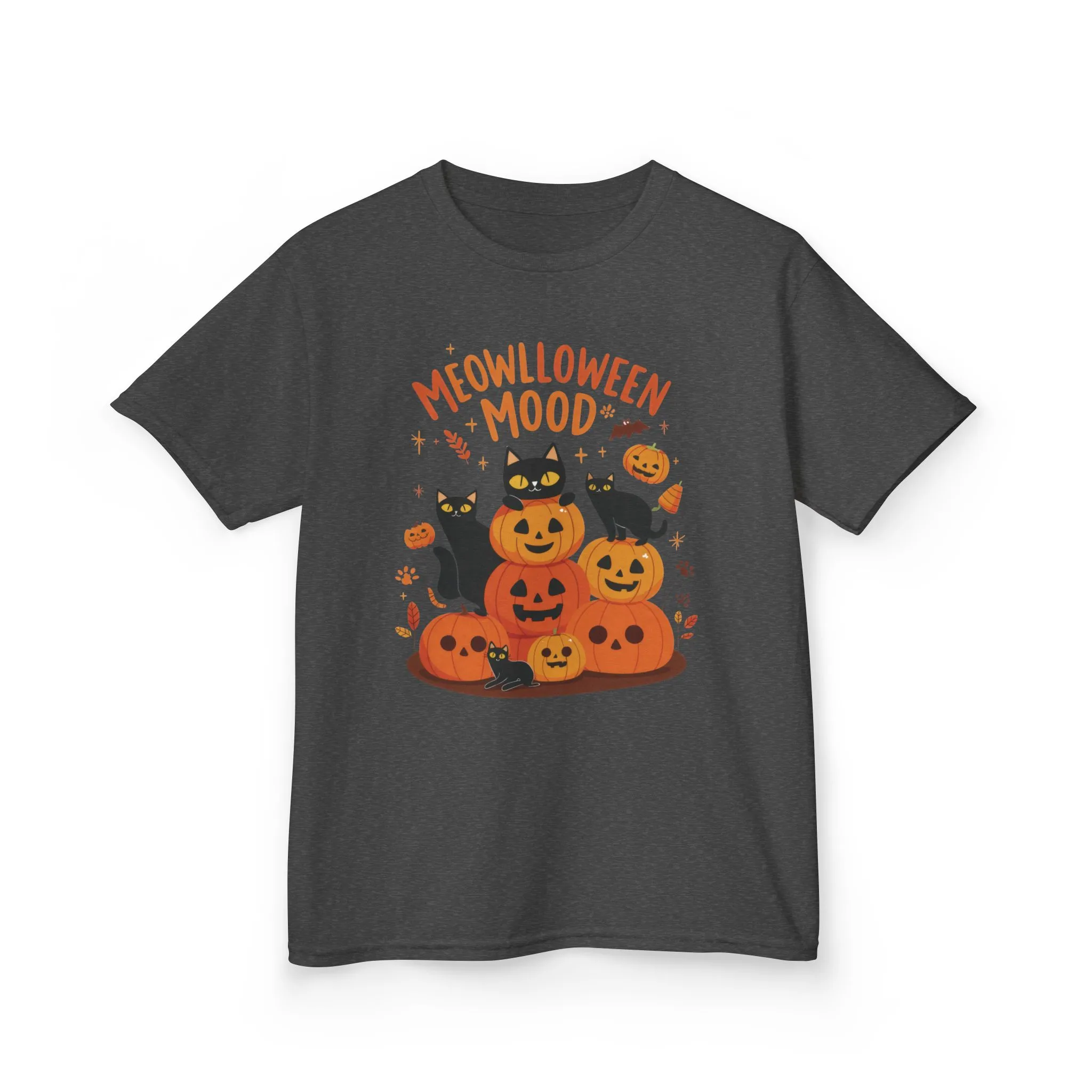 Meowlloween Mood Kids Shirt, Cute Black Cat Halloween T-Shirt for Girls and Boys, Funny Pumpkin Cat Tee, Cozy Fall Cat Lover Gift