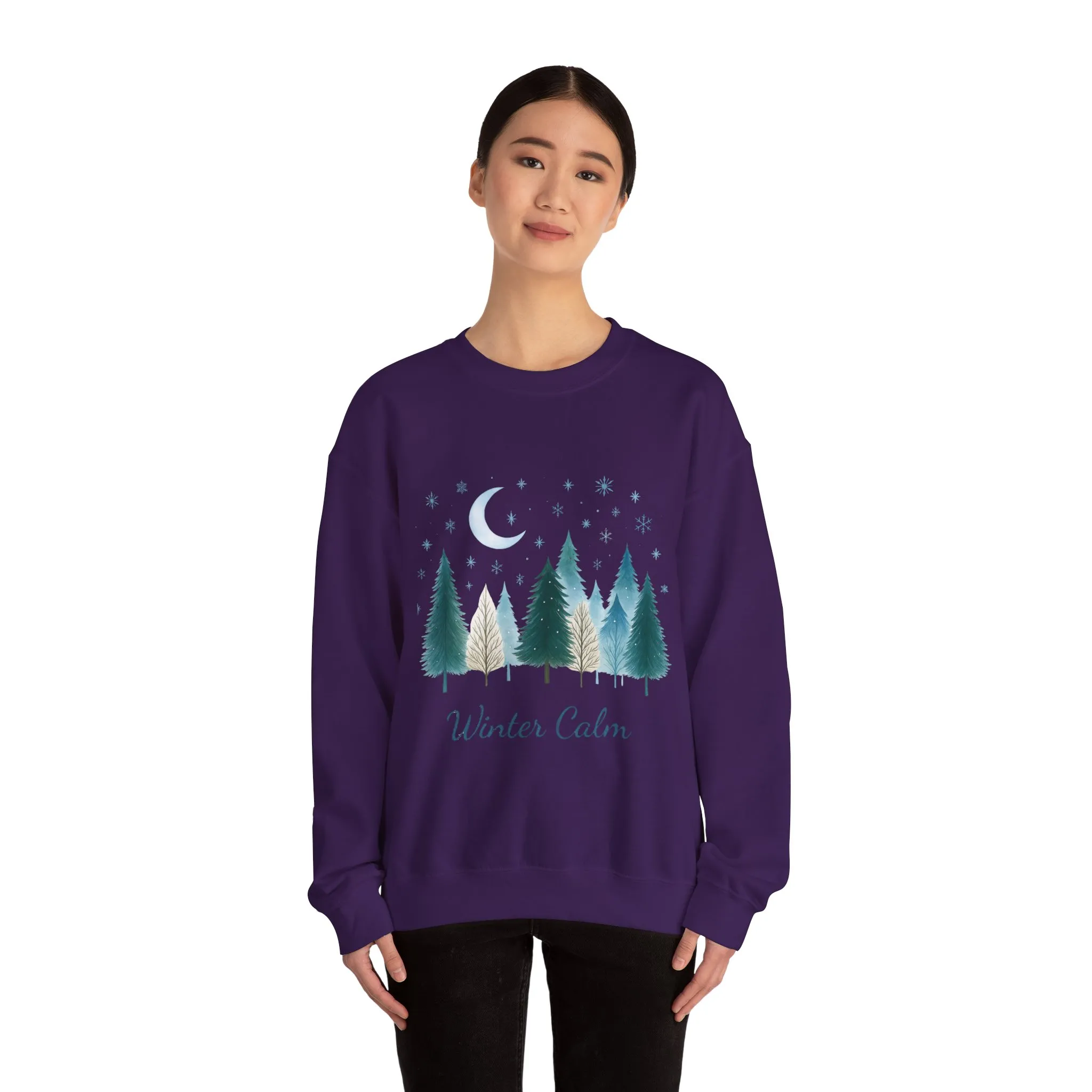 Winter Calm Sweatshirt, Minimalist Christmas Forest Pullover, Serene Winter Moon Scene Sweater for Women