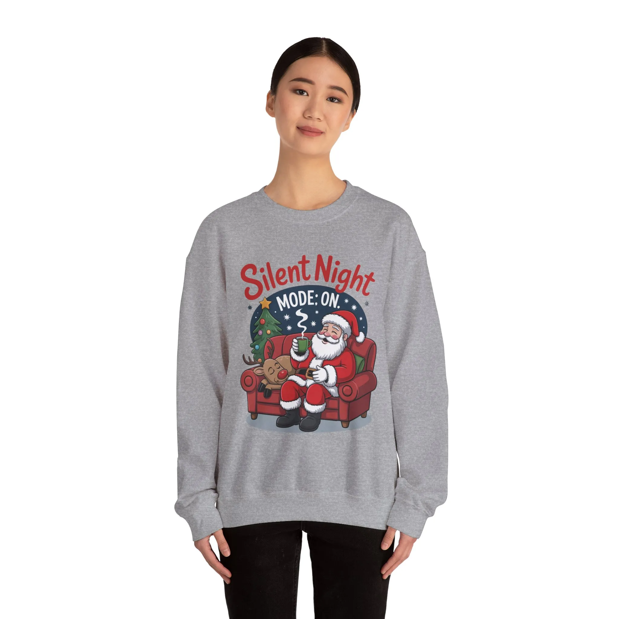 Silent Night Mode On Christmas Sweatshirt, Funny Relaxed Santa - Reindeer Sweater, Cozy Holiday Jumper for Women - Image 11