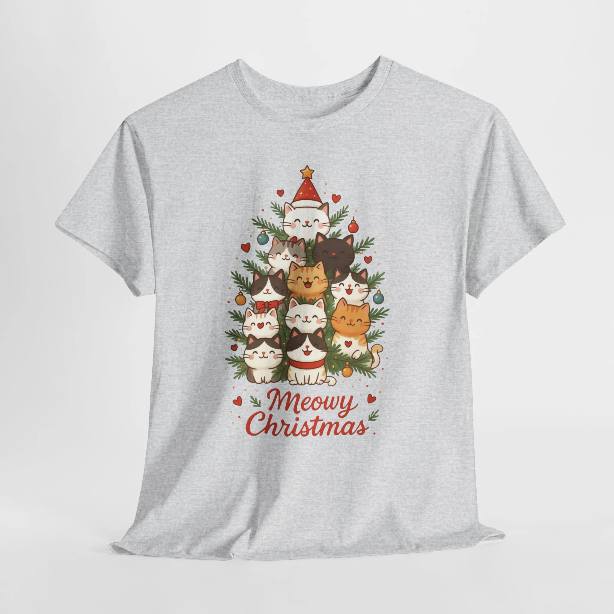 Women's Meowy Christmas Cat T-Shirt, Cute Holiday Kitty Tree Tee - Image 4