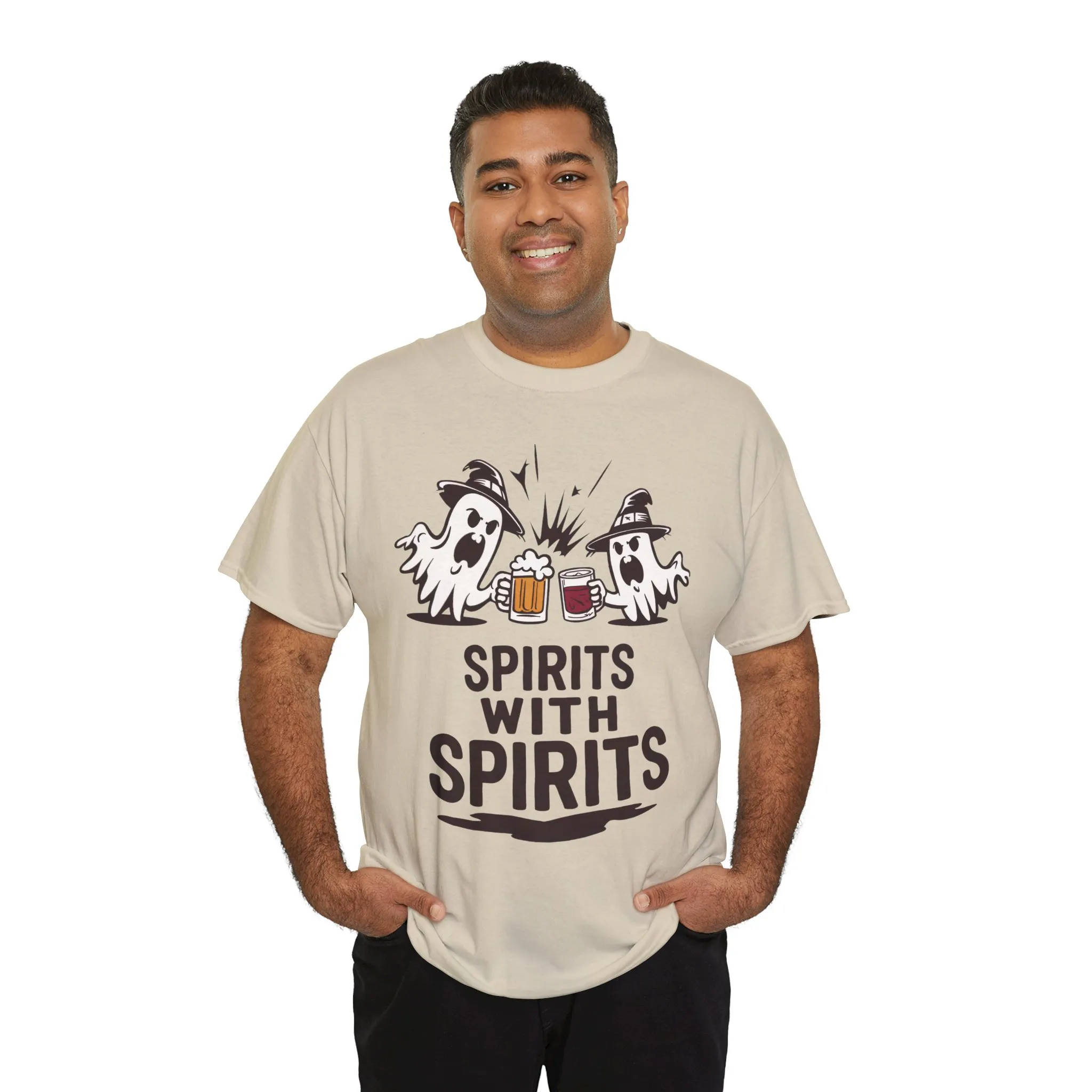 Spirits With Spirits Men's T-Shirt, Funny Ghost Drinking Halloween Party Graphic Tee - Image 3