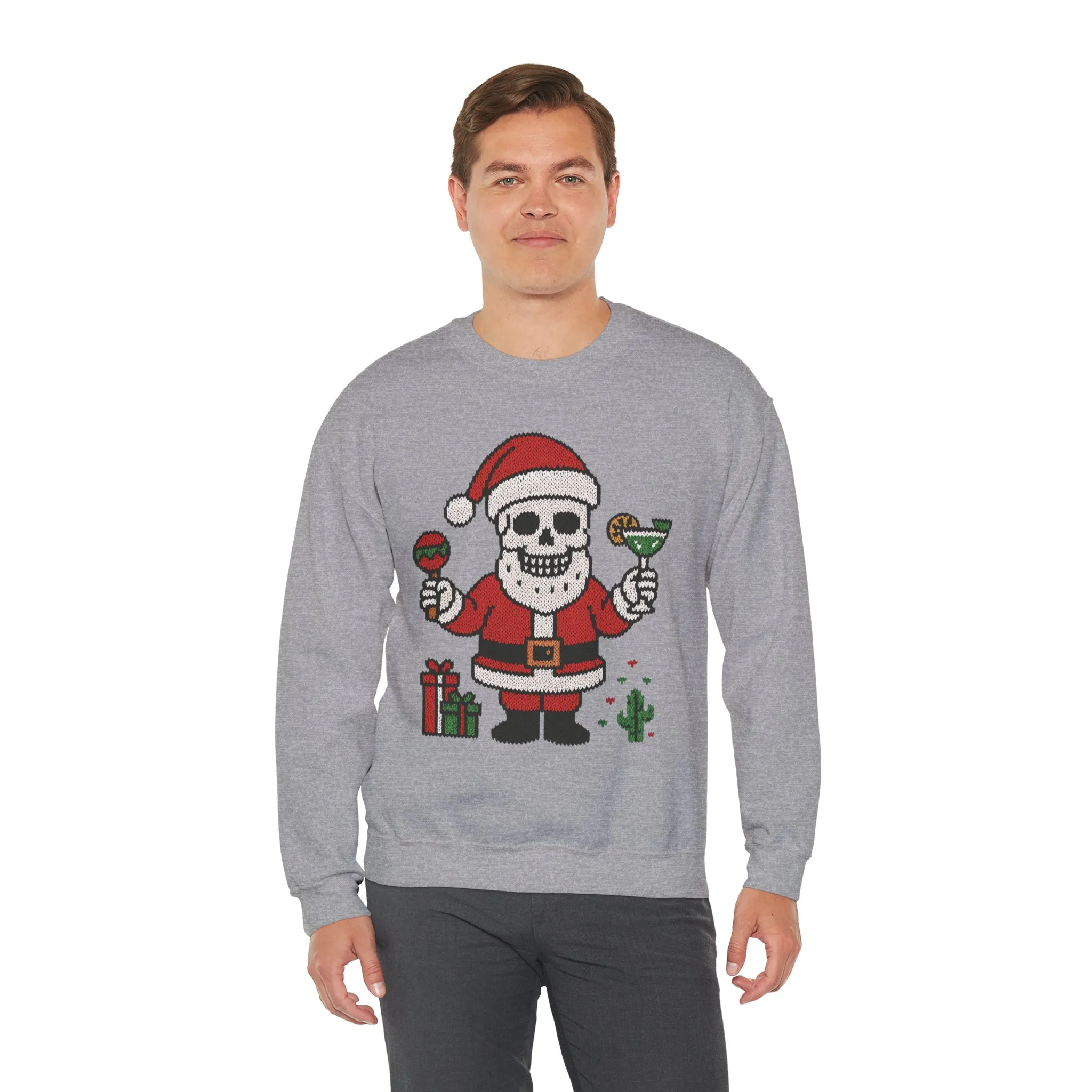 Funny Santa Skull Christmas Men's Sweatshirt, Holiday Margarita Pullover - Image 12