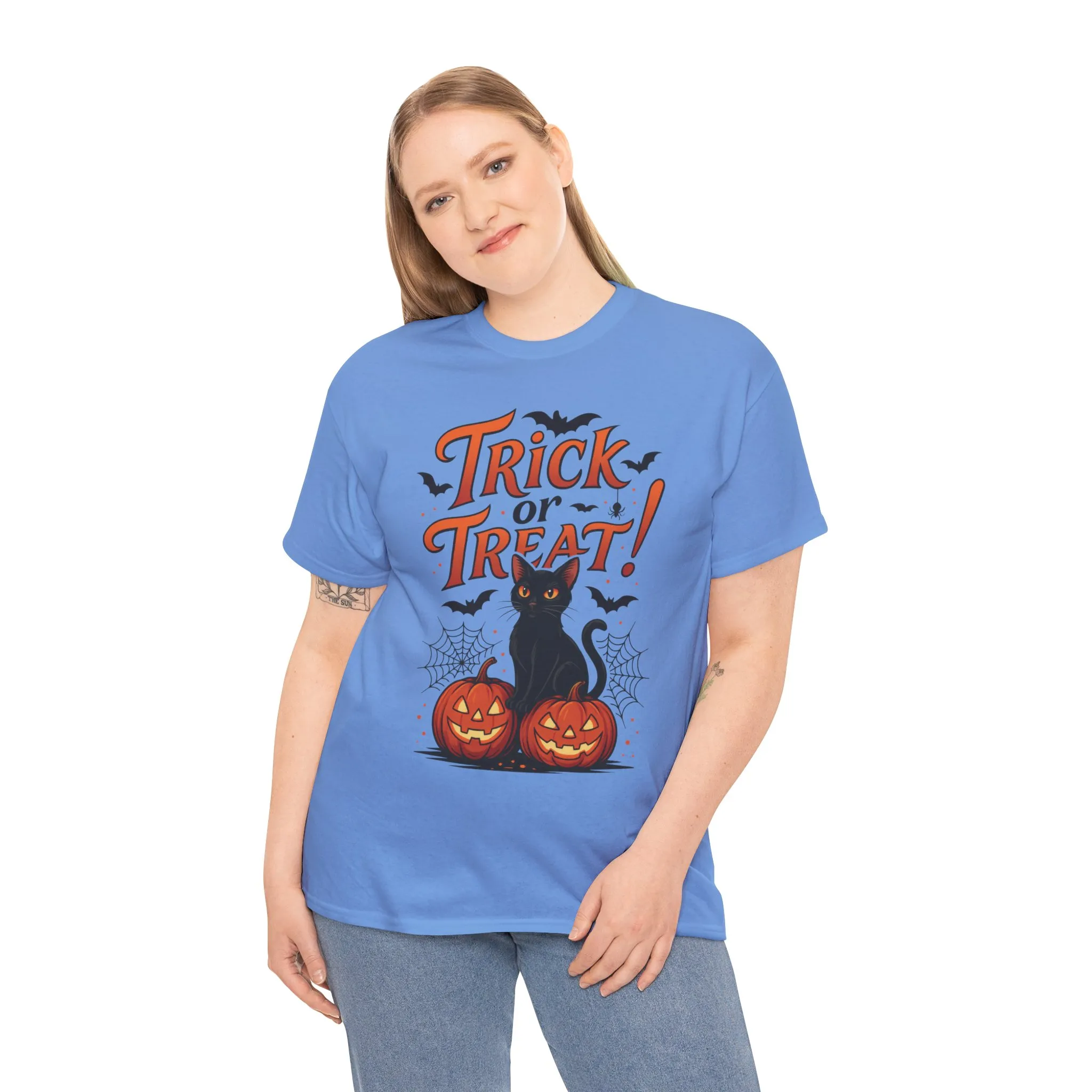 Trick or Treat Black Cat Halloween T-Shirt for Women, Spooky Cute Pumpkin Cat Tee, Fall Halloween Outfit Gift, Vintage Witchy Top - Image 3