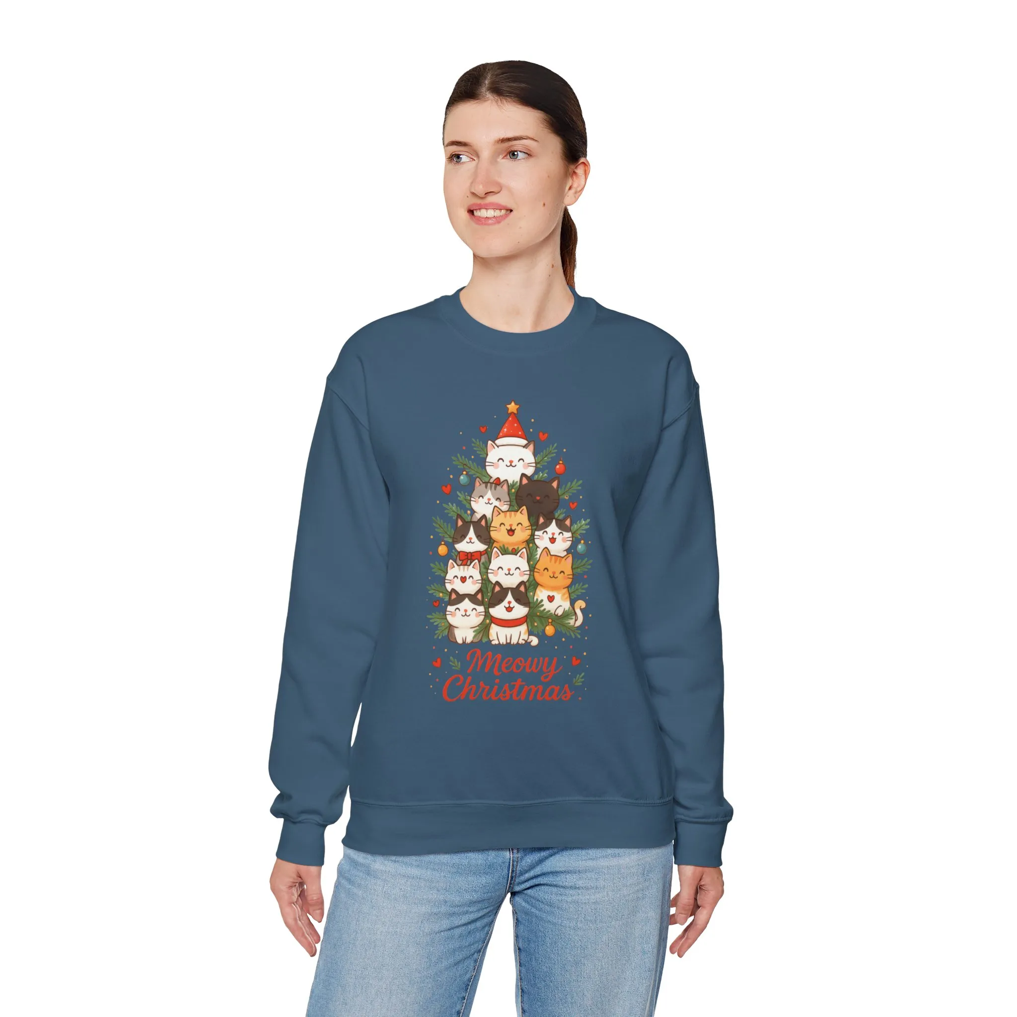 Women's Meowy Christmas Cat Sweatshirt, Cute Holiday Kitty Pullover - Image 9
