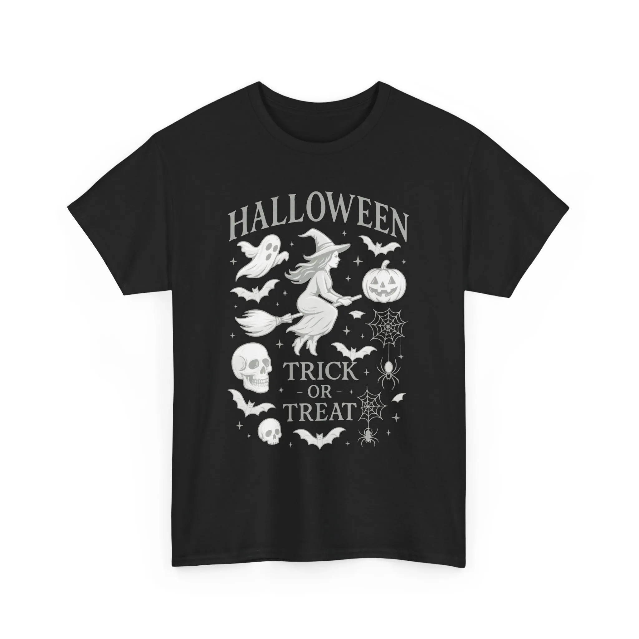 Halloween Witch Flying Broomstick T-Shirt, Trick or Treat Ghost Pumpkin Skull Spider Web Women's Tee - Image 4