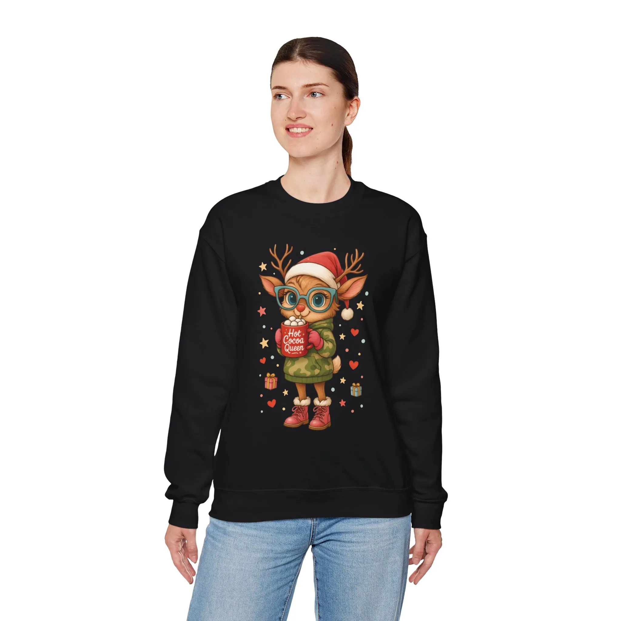 Hot Cocoa Queen Christmas Women's Sweatshirt, Cute Cozy Holiday Reindeer Pullover - Image 6
