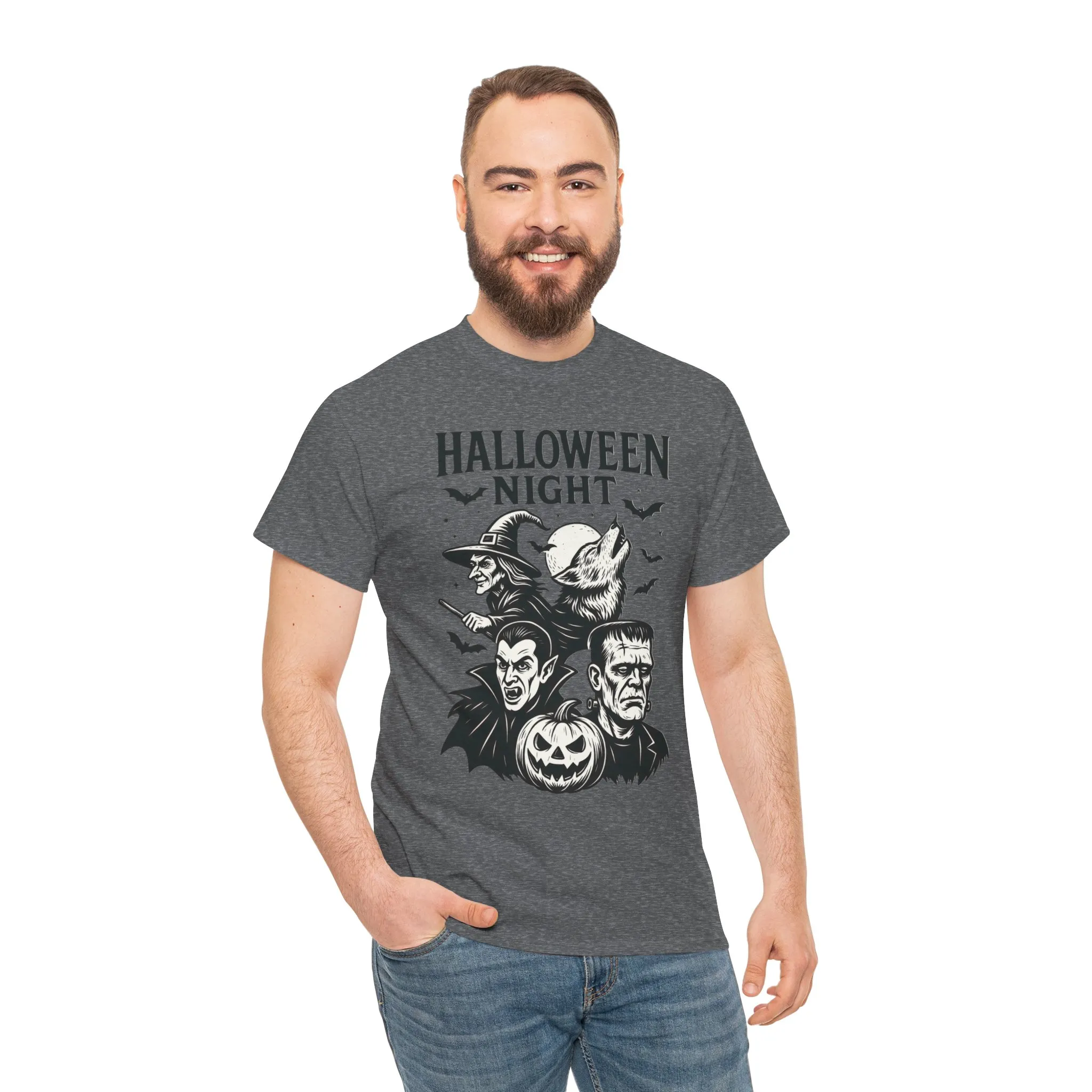 Halloween Night Men's T-Shirt, Classic Monsters Graphic Tee, Witch, Vampire, Frankenstein, Werewolf - Image 17