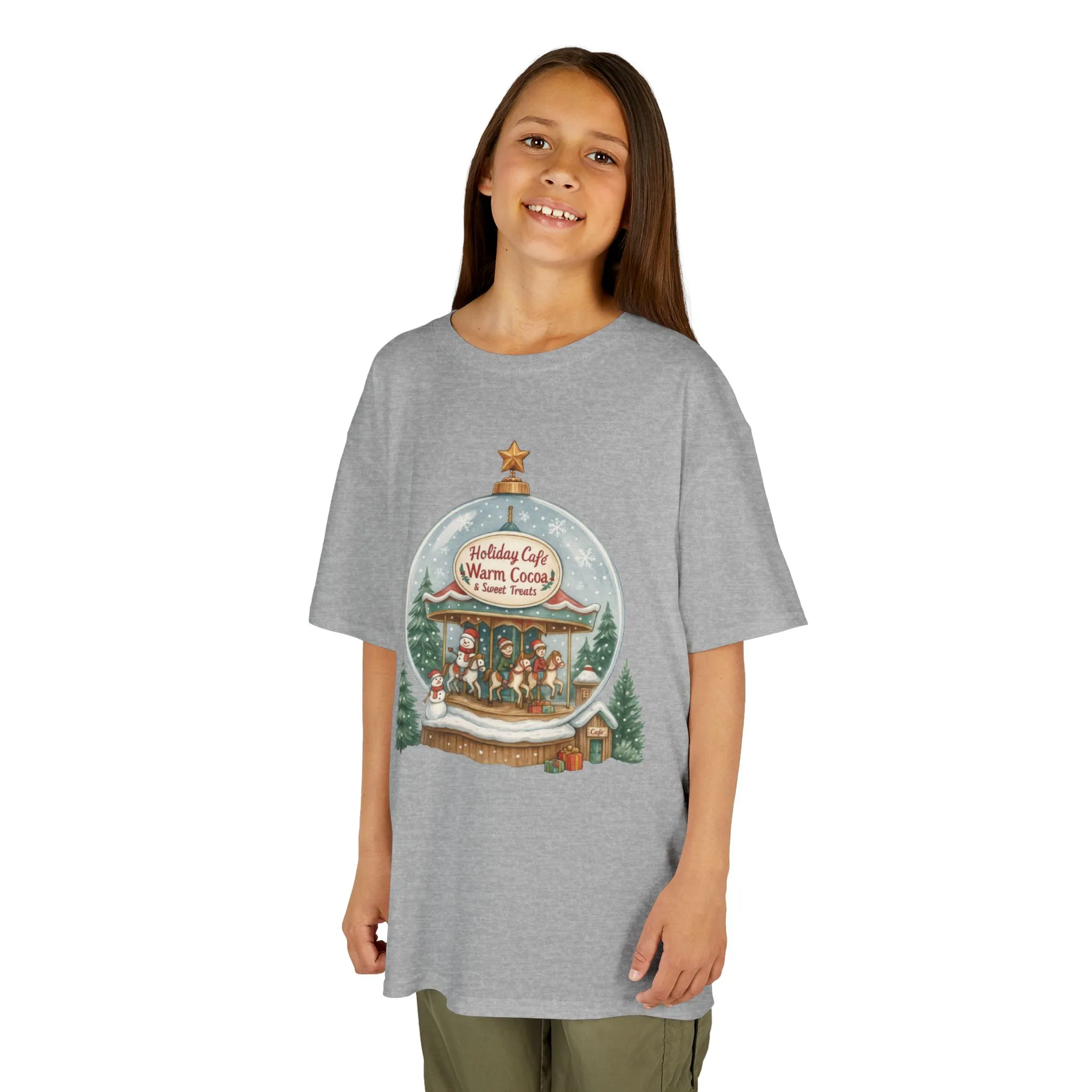 Youth Holiday Café Christmas T-Shirt, Warm Cocoa Carousel Kids Tee - Image 8