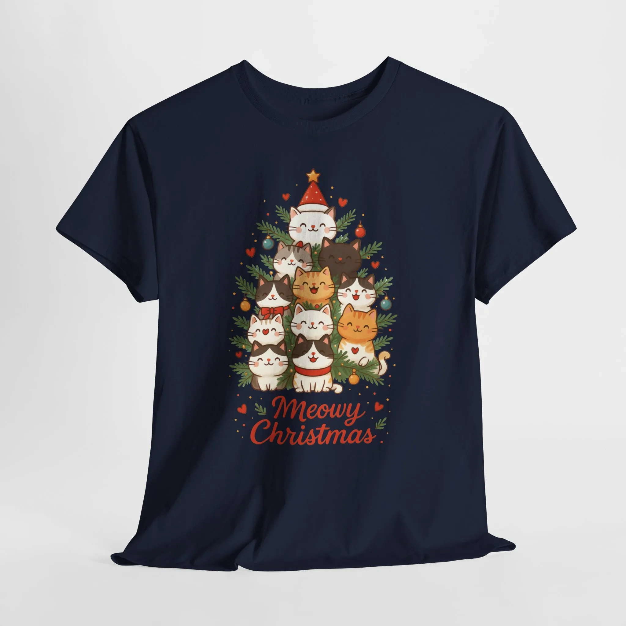 Women's Meowy Christmas Cat T-Shirt, Cute Holiday Kitty Tree Tee - Image 19