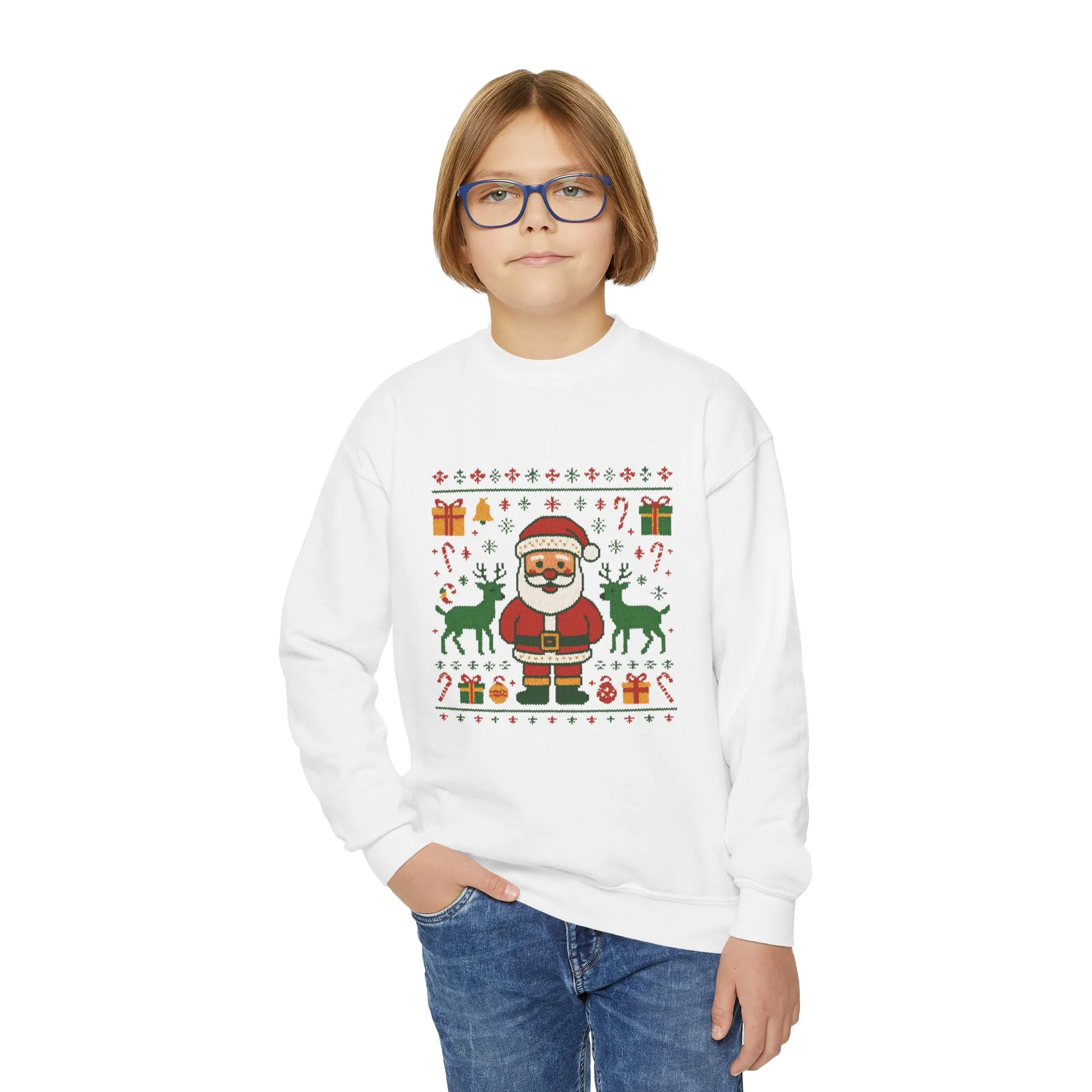 Kids Santa Christmas Shirt, Cute Knit Pattern Holiday Sweatshirt, Youth Crewneck Sweatshirt - Image 3