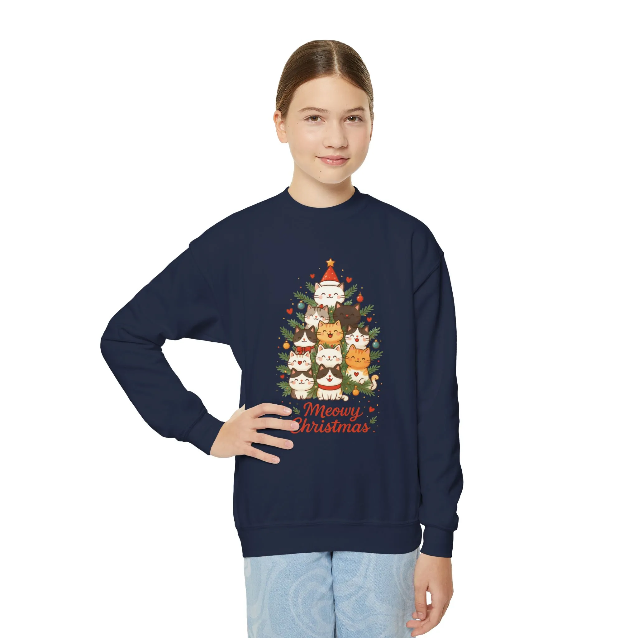 Youth Meowy Christmas Cat Sweatshirt, Cute Holiday Kitty Jumper - Image 12