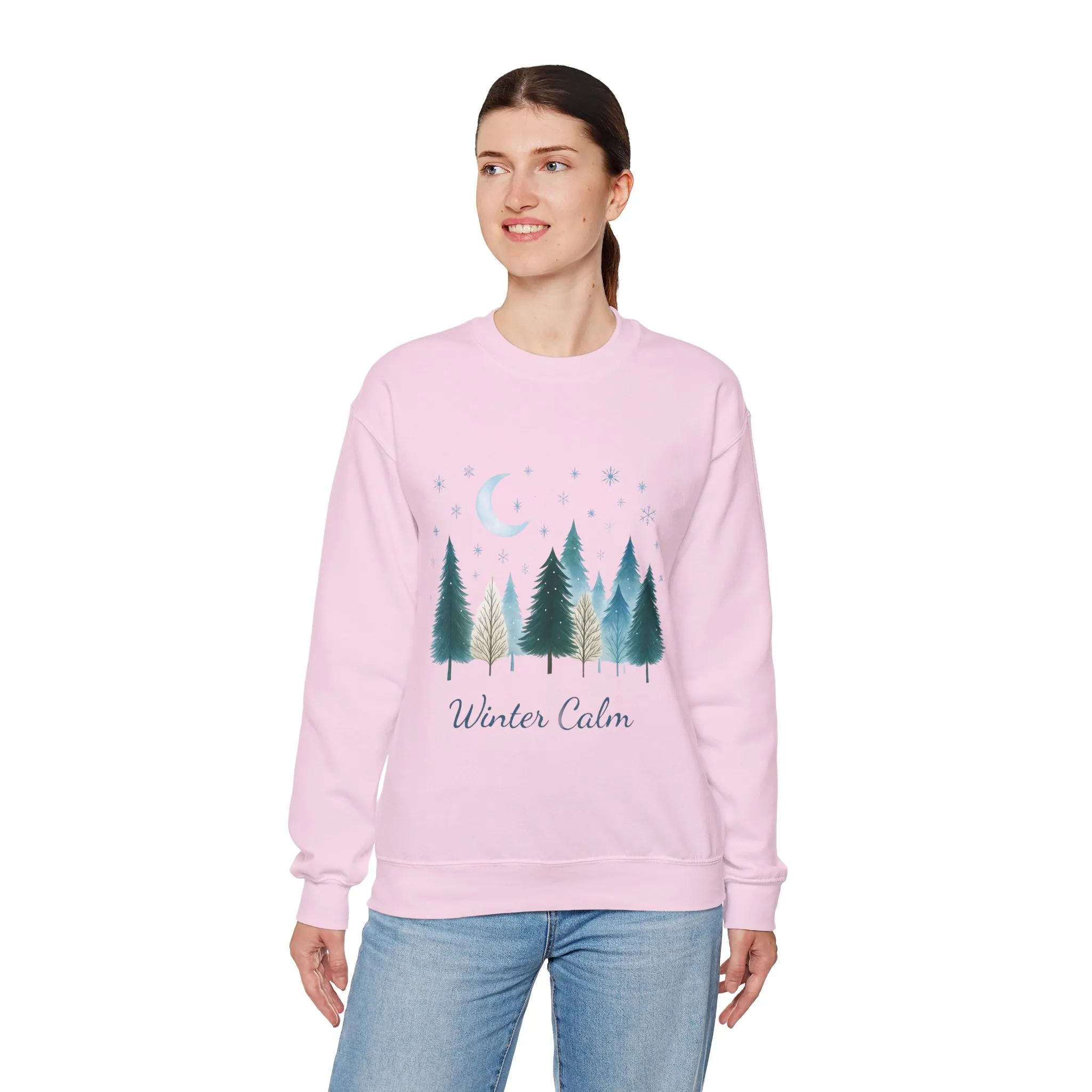 Winter Calm Sweatshirt, Minimalist Christmas Forest Pullover, Serene Winter Moon Scene Sweater for Women - Image 24