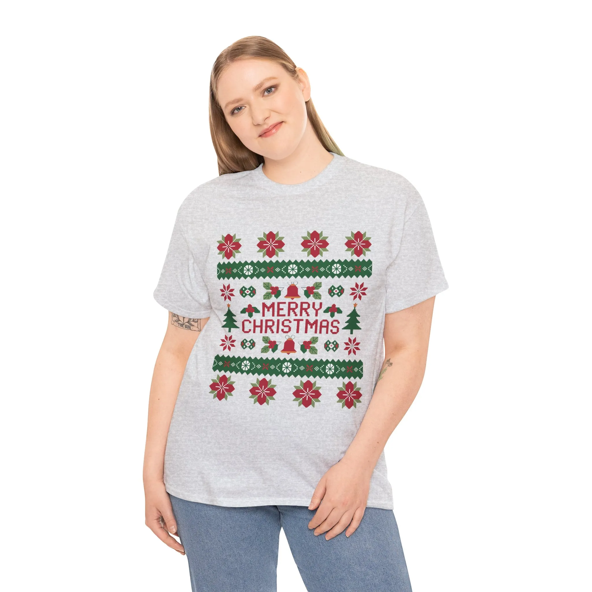 Merry Christmas Women's T-Shirt, Festive Ugly Sweater Style Tee, Classic Holiday Knit Pattern Shirt - Image 9