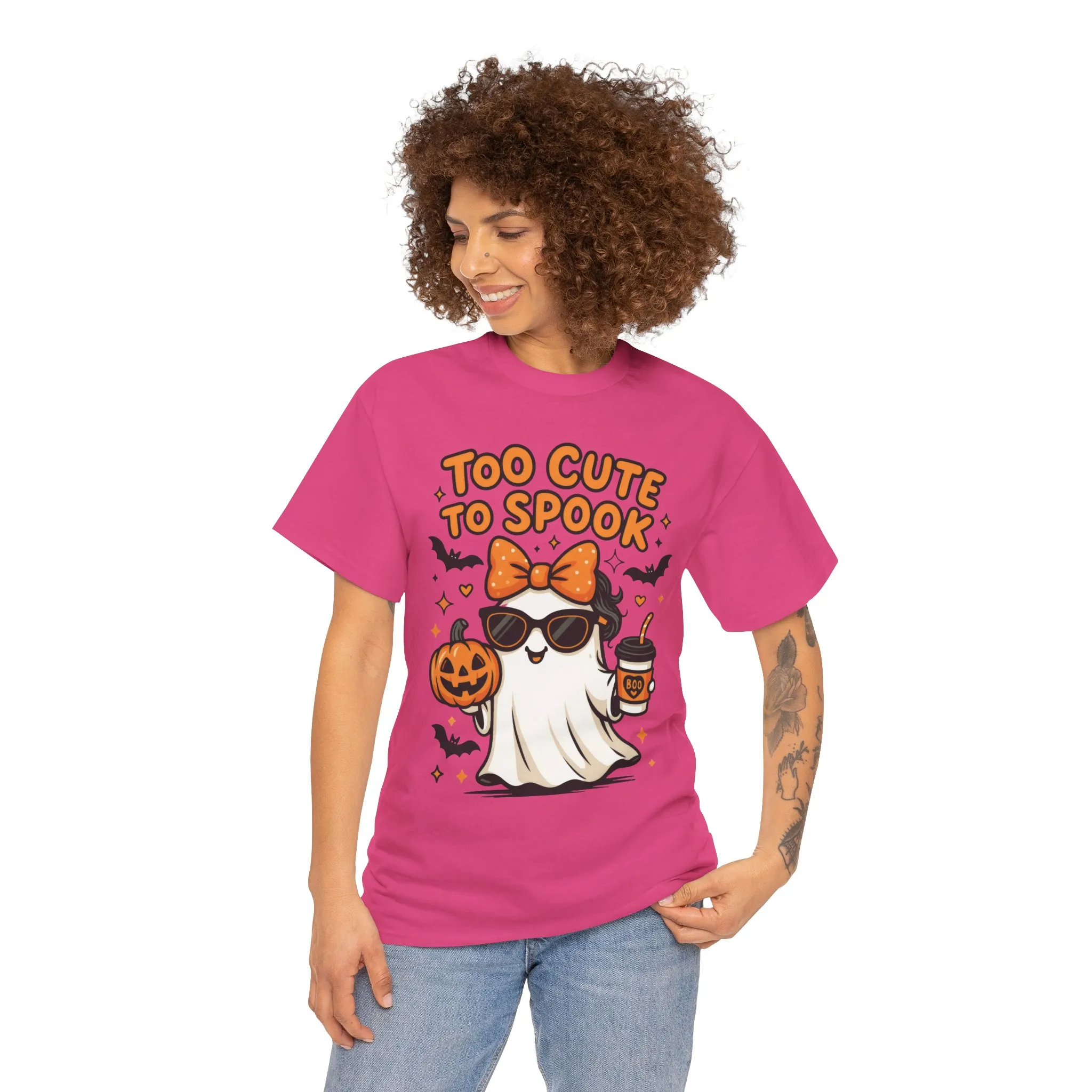 Too Cute To Spook Women's T-Shirt, Cute Ghost Pumpkin Coffee Halloween Graphic Tee - Image 23