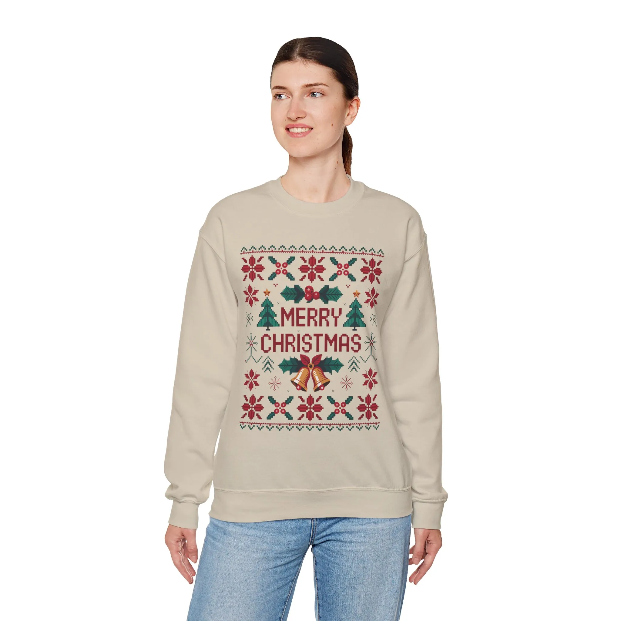 Merry Christmas Women's Sweatshirt, Cozy Knit Look Holiday Jumper, Classic Festive Winter Style Crewneck Sweatshirt - Image 3