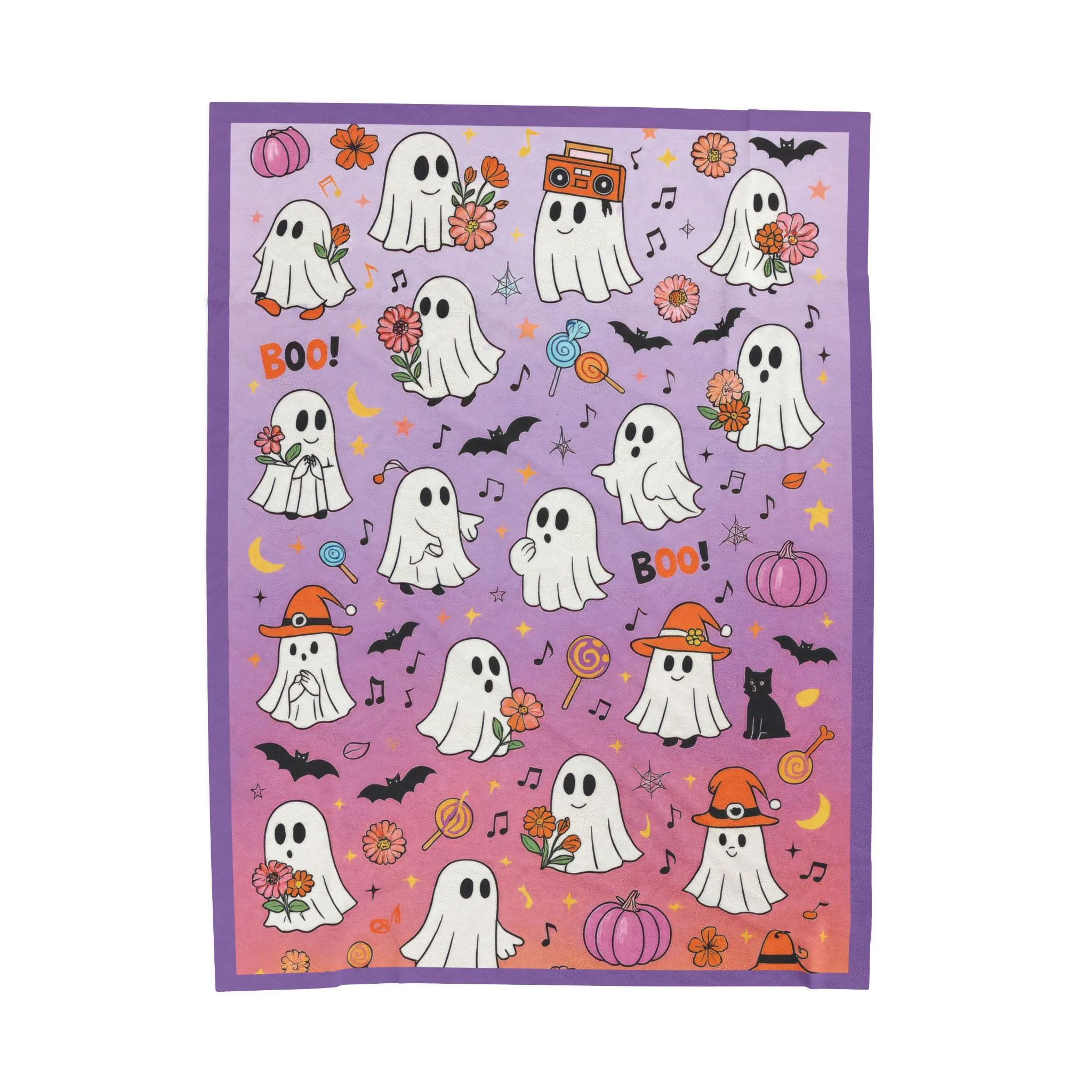 Cute Ghost Halloween Velveteen Plush Blanket for Kids, Purple Ghost and Candy Throw Blanket, Cozy Spooky Fall Blanket, Kawaii Boo Gift - Image 2