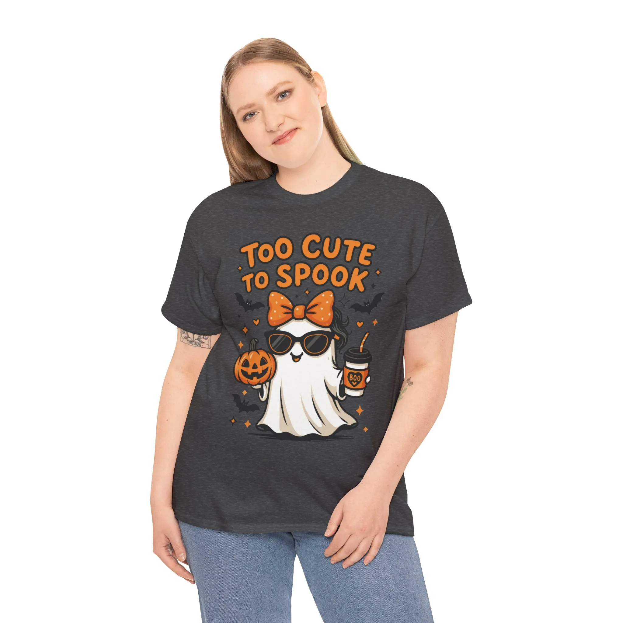 Too Cute To Spook Women's T-Shirt, Cute Ghost Pumpkin Coffee Halloween Graphic Tee - Image 12