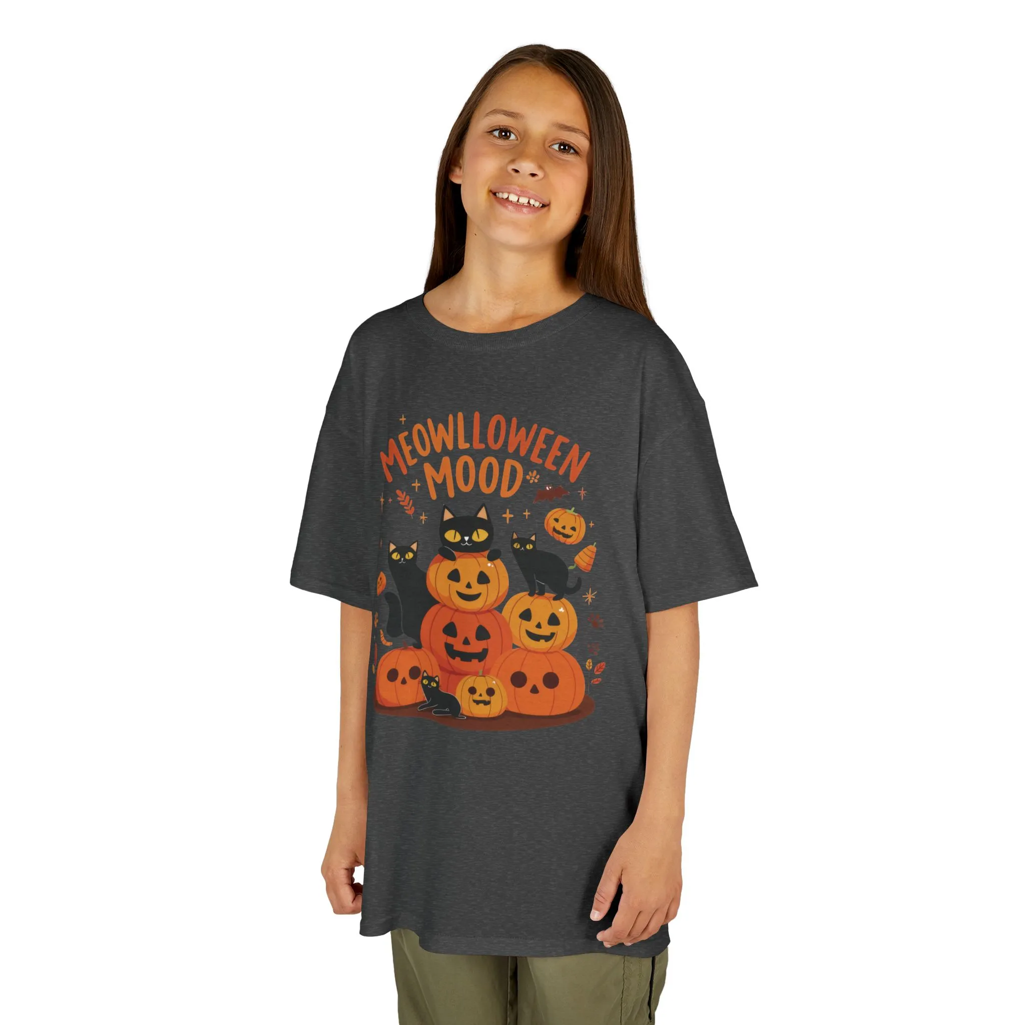 Meowlloween Mood Kids Shirt, Cute Black Cat Halloween T-Shirt for Girls and Boys, Funny Pumpkin Cat Tee, Cozy Fall Cat Lover Gift - Image 2