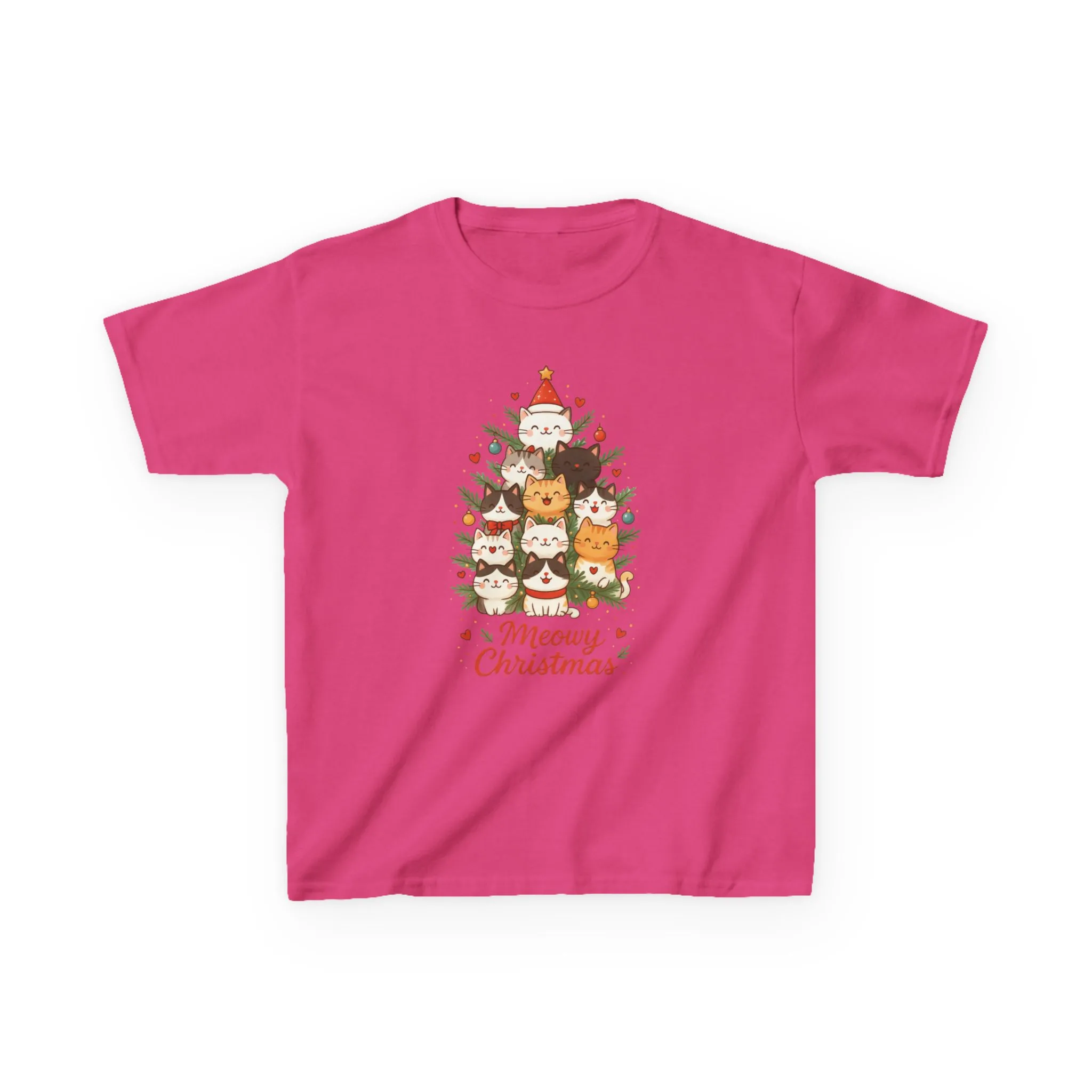 Youth Meowy Christmas Cat T-Shirt, Cute Kids Holiday Kitty Tee - Image 15
