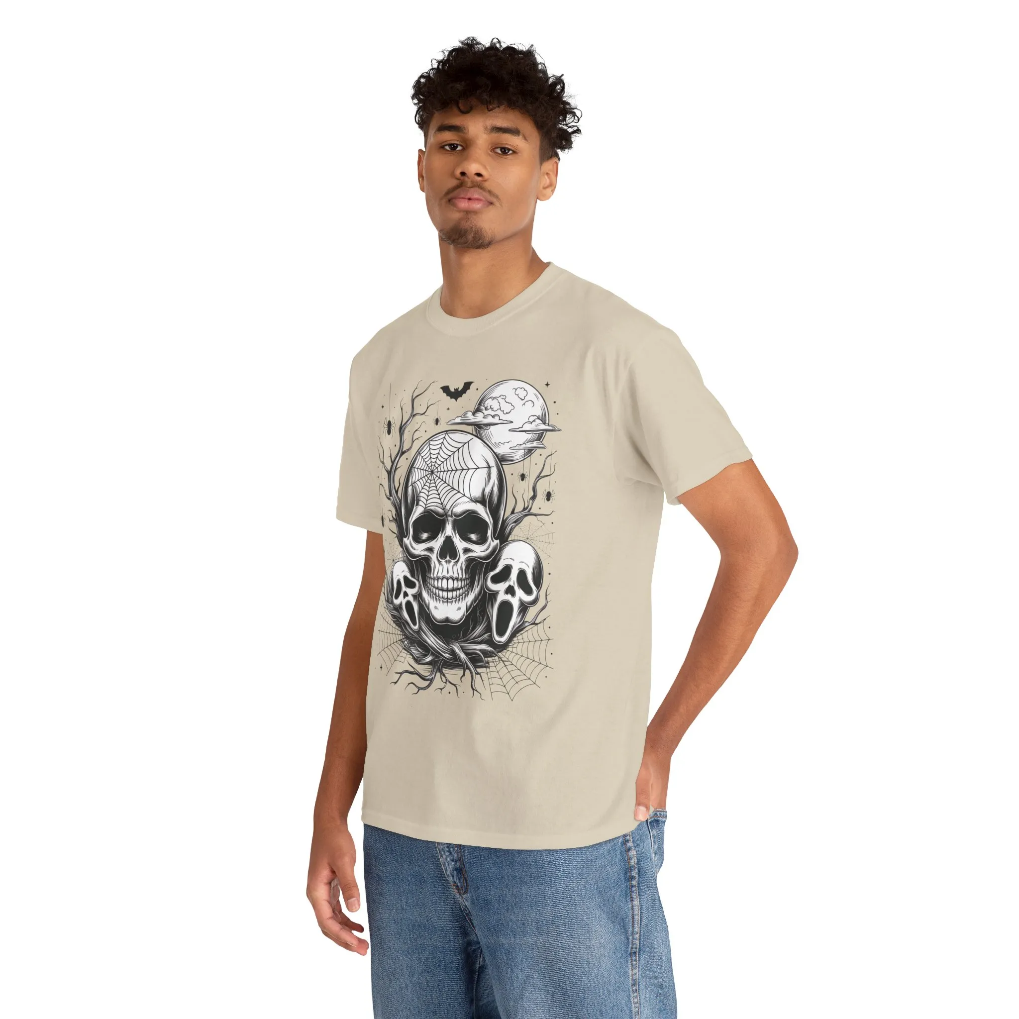 Men's Gothic Skull T-Shirt, Halloween Graphic Tee, Spider Web Moon Horror Shirt, Spooky Skull Graphic Top for Him - Image 6