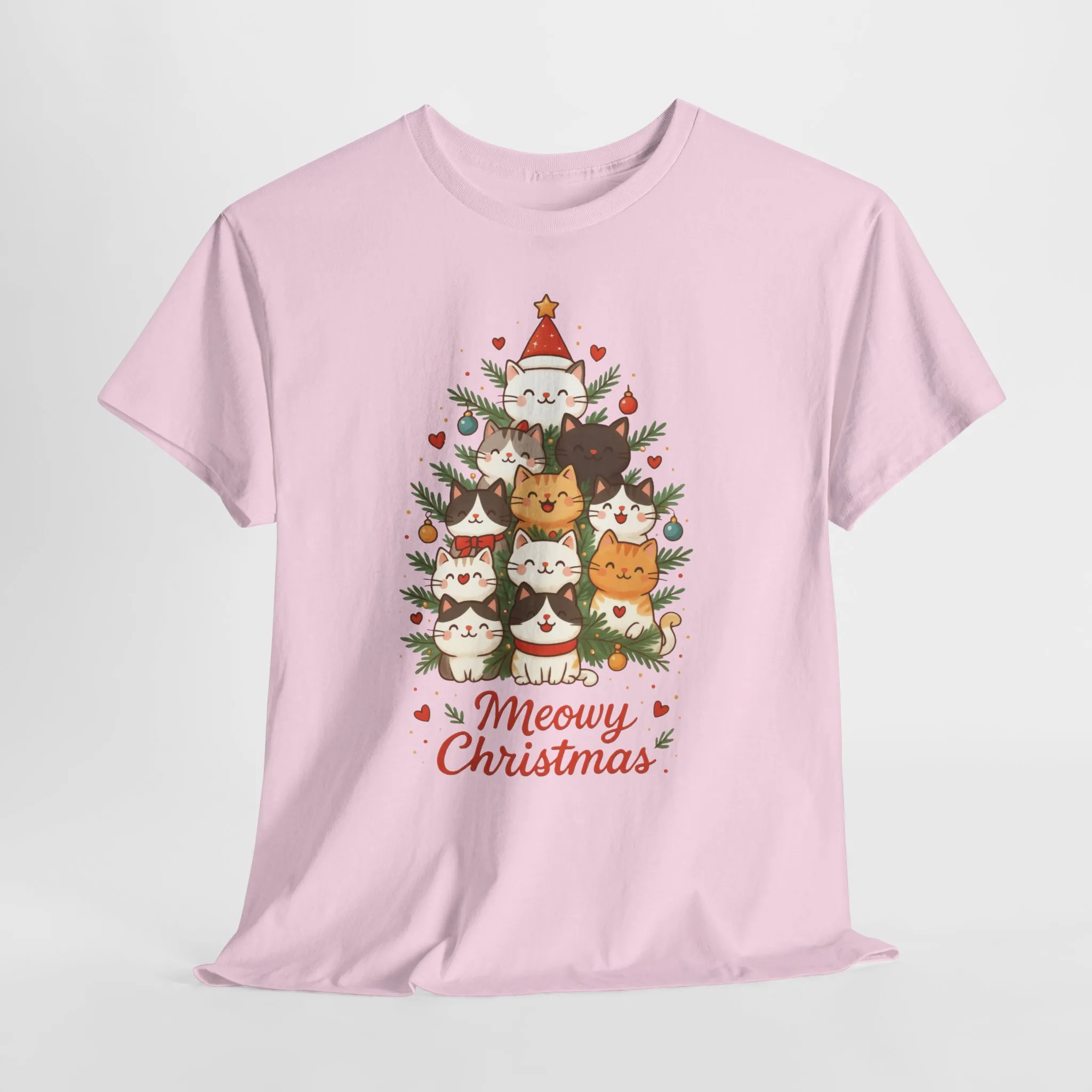 Women's Meowy Christmas Cat T-Shirt, Cute Holiday Kitty Tree Tee - Image 2