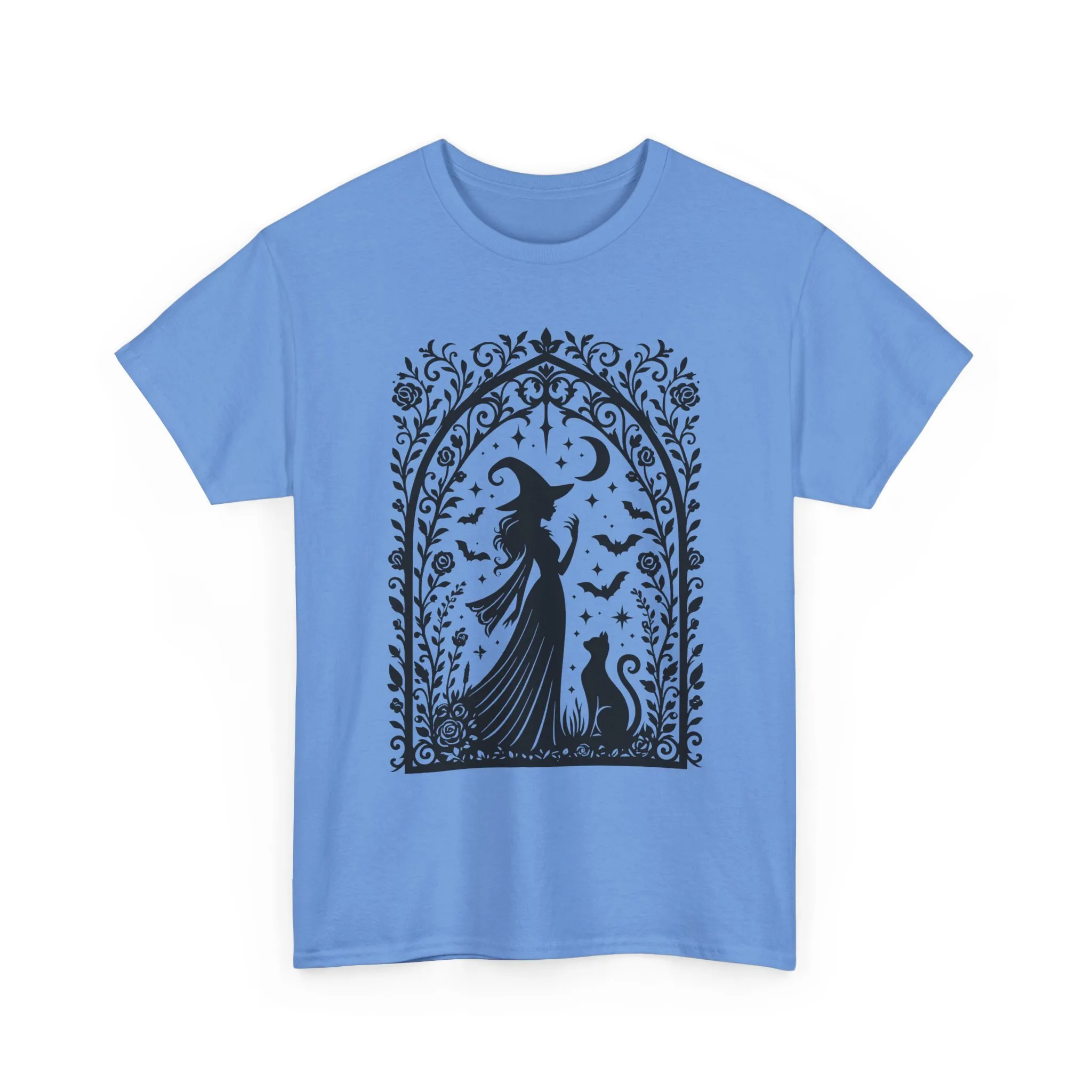 Gothic Witch & Cat Women's T-Shirt, Elegant Halloween Moon Silhouette Witchy Graphic Tee - Image 10