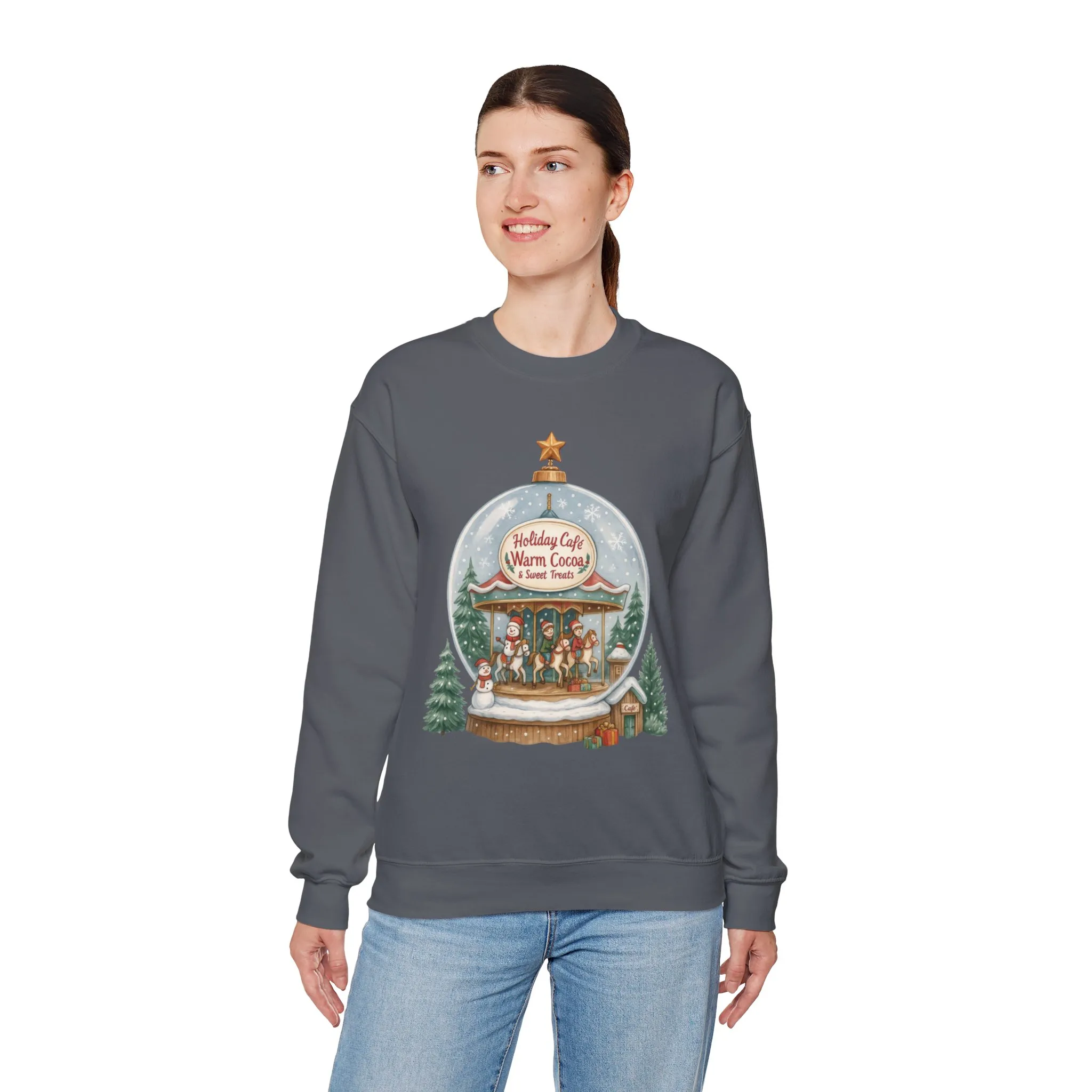 Holiday Café Christmas Sweatshirt, Warm Cocoa Snow Globe Pullover - Image 15