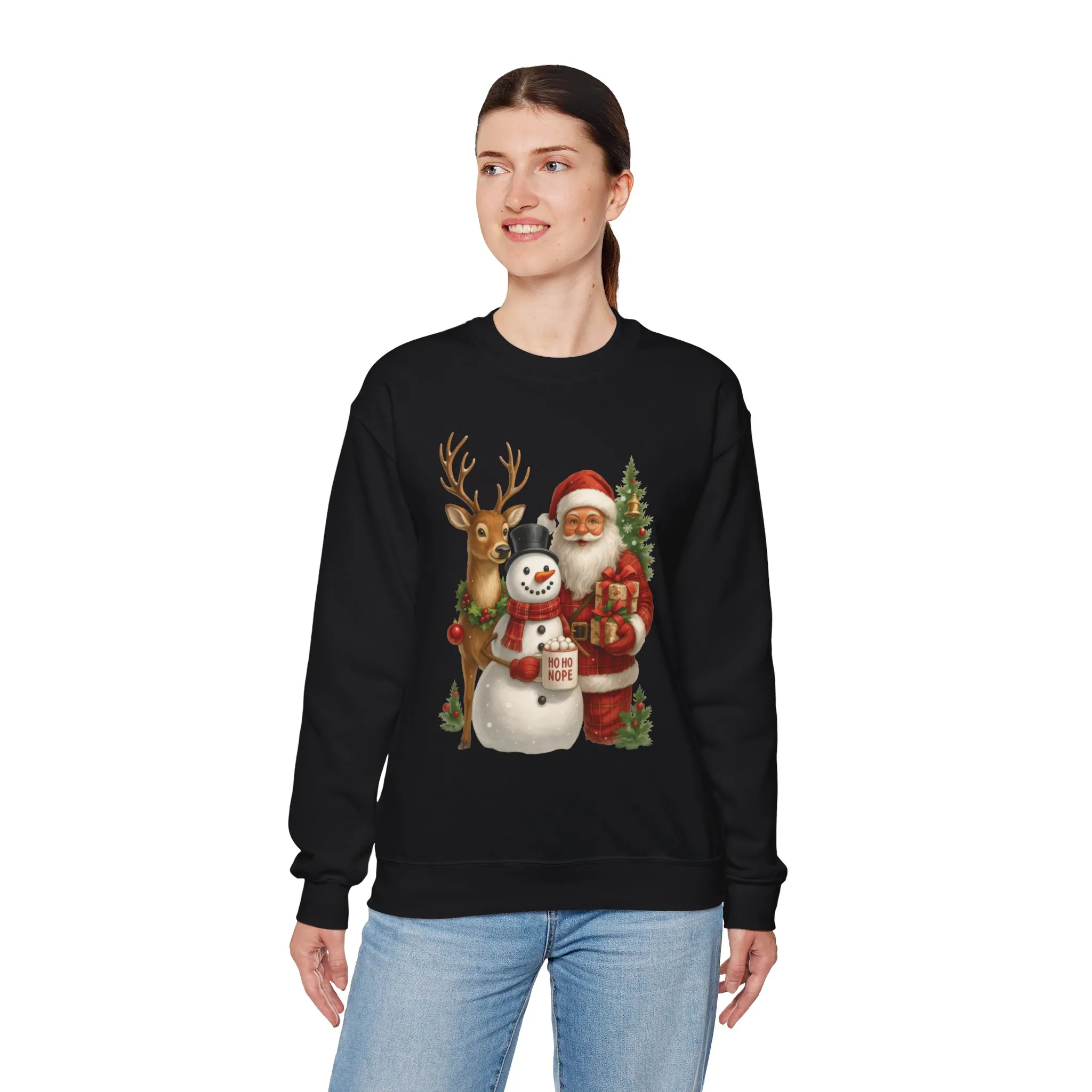 Santa, Snowman - Reindeer Christmas Sweatshirt, Funny Ho Ho Nope Holiday Sweater, Cute Vintage Christmas Jumper for Women - Image 9